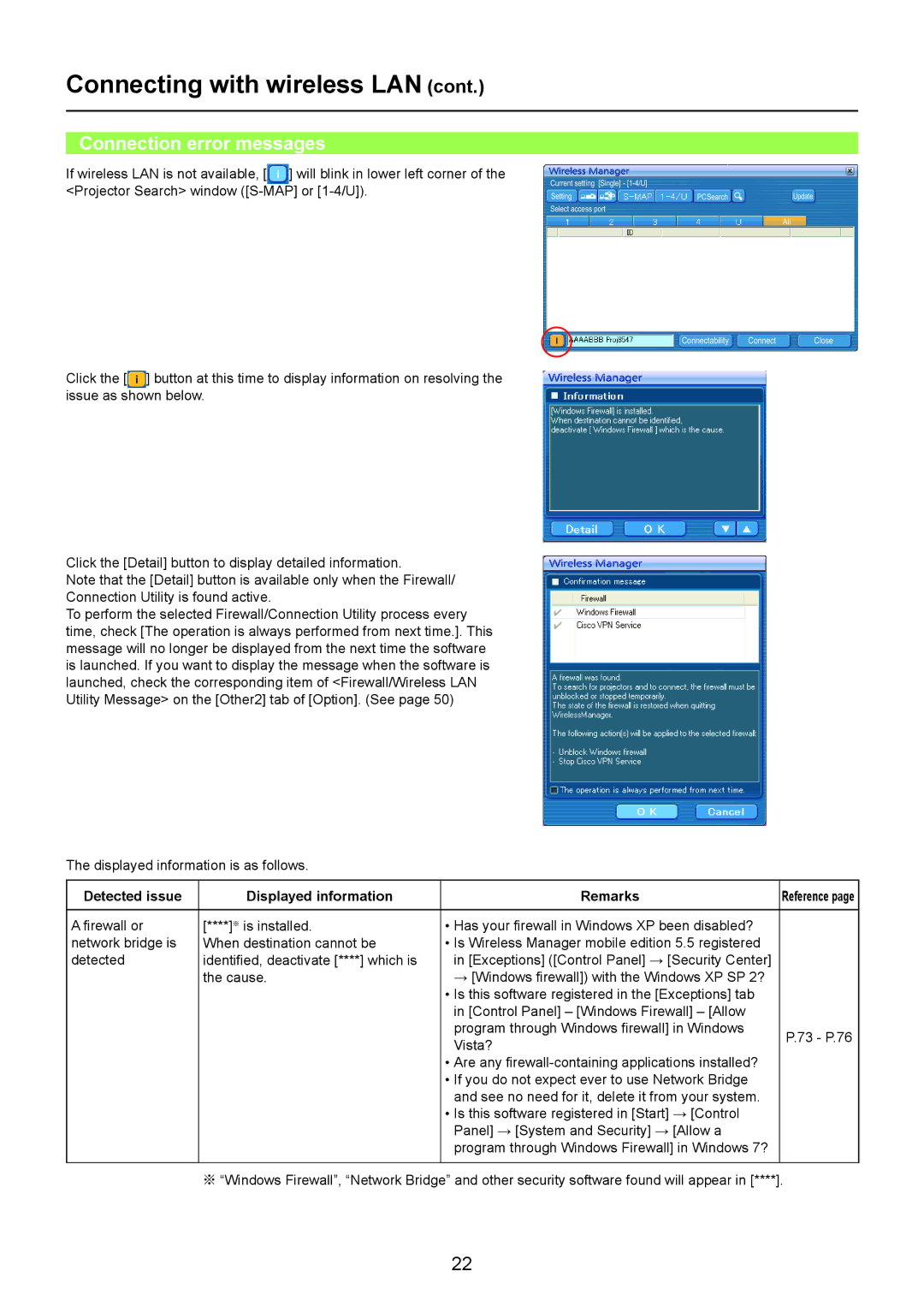 Panasonic TQBH0205-4 operation manual Connection error messages, Detected issue Displayed information Remarks 