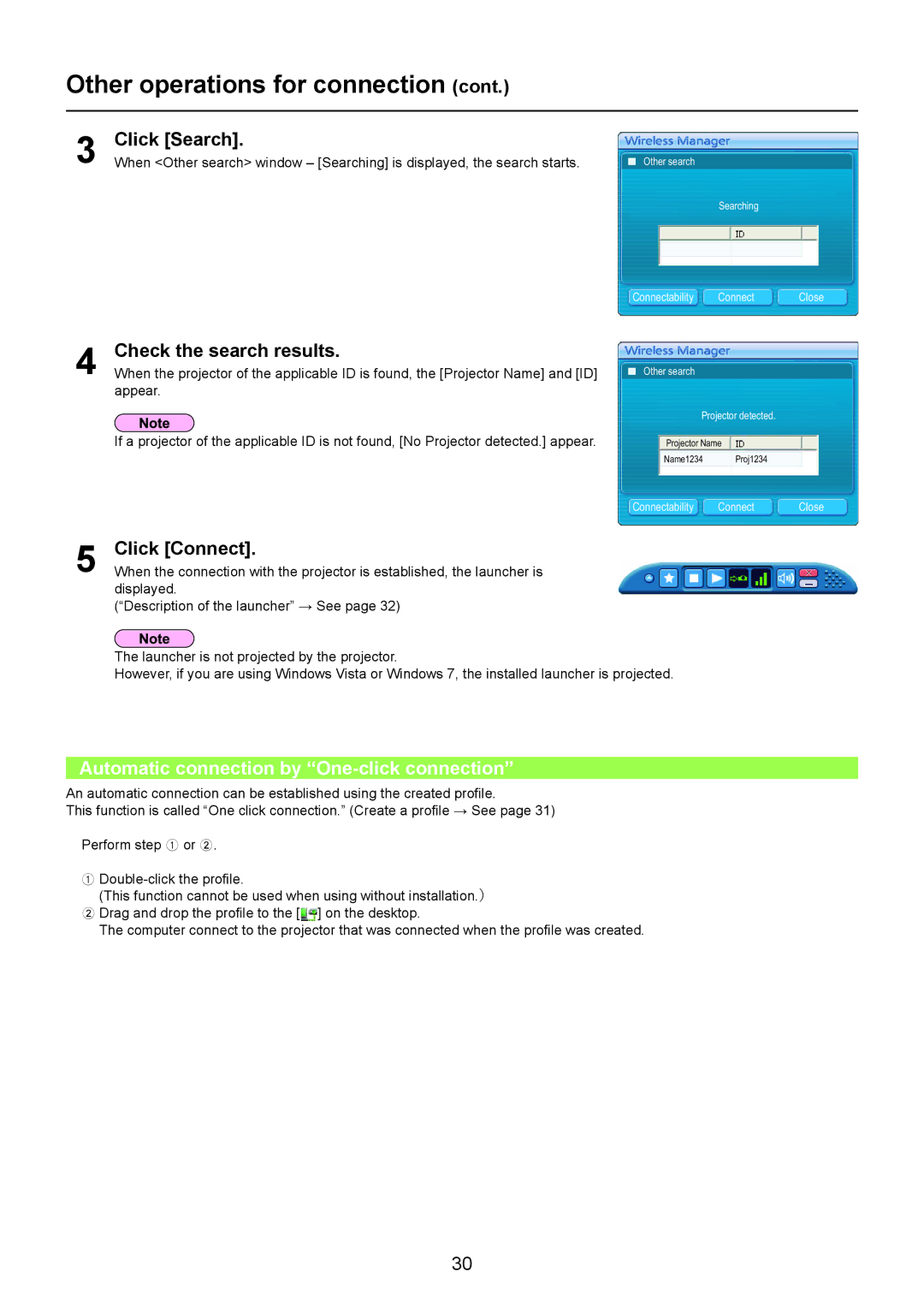 Panasonic TQBH0205-4 Other operations for connection, Click Search, Check the search results, Click Connect 