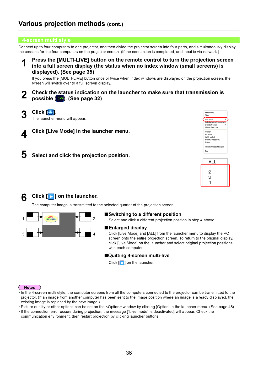 Panasonic TQBH0205-4 operation manual Screen multi style, Switching to a different position, Enlarged display 