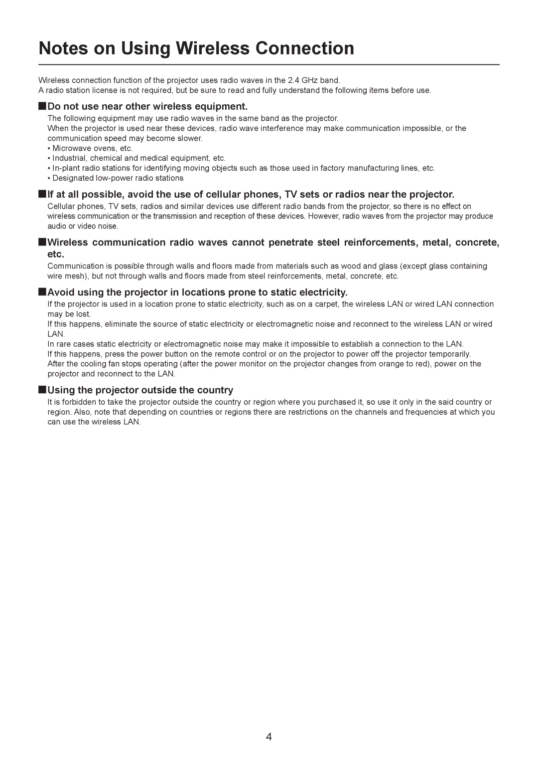 Panasonic TQBH0205-4 operation manual Do not use near other wireless equipment, Using the projector outside the country 