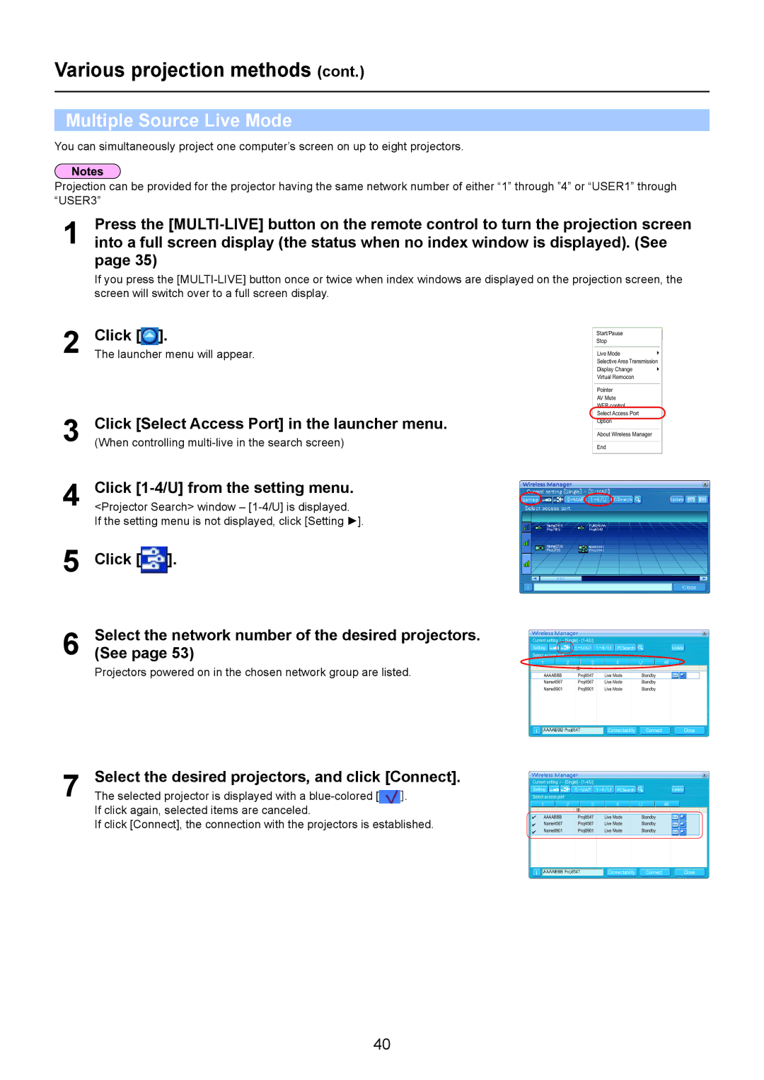 Panasonic TQBH0205-4 operation manual Multiple Source Live Mode, Click Select Access Port in the launcher menu 