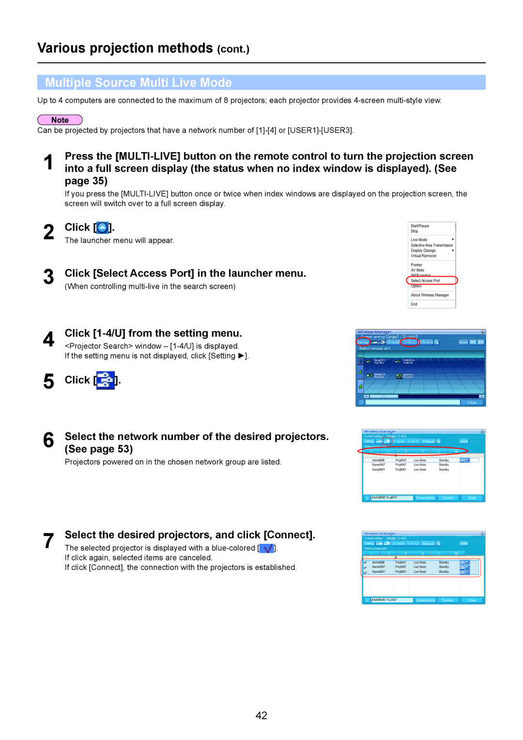 Panasonic TQBH0205-4 operation manual Multiple Source Multi Live Mode, Projector Search window 1-4/U is displayed 