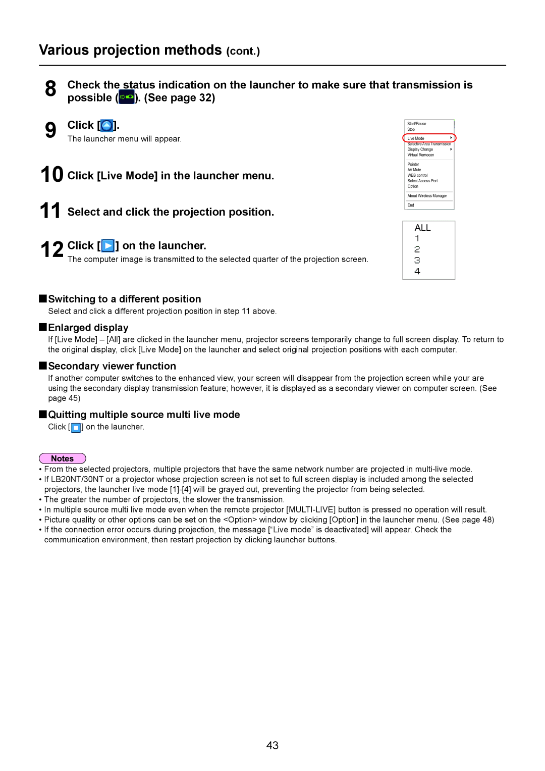 Panasonic TQBH0205-4 operation manual Secondary viewer function, Quitting multiple source multi live mode 