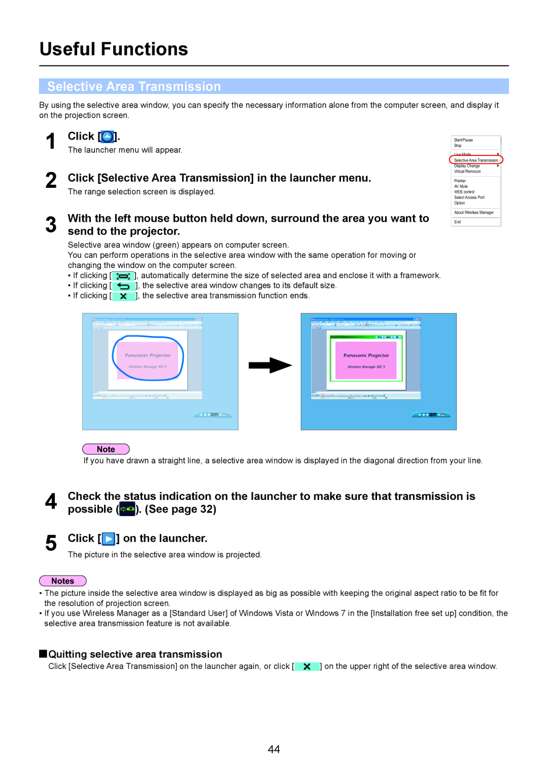 Panasonic TQBH0205-4 operation manual Useful Functions, Click Selective Area Transmission in the launcher menu 