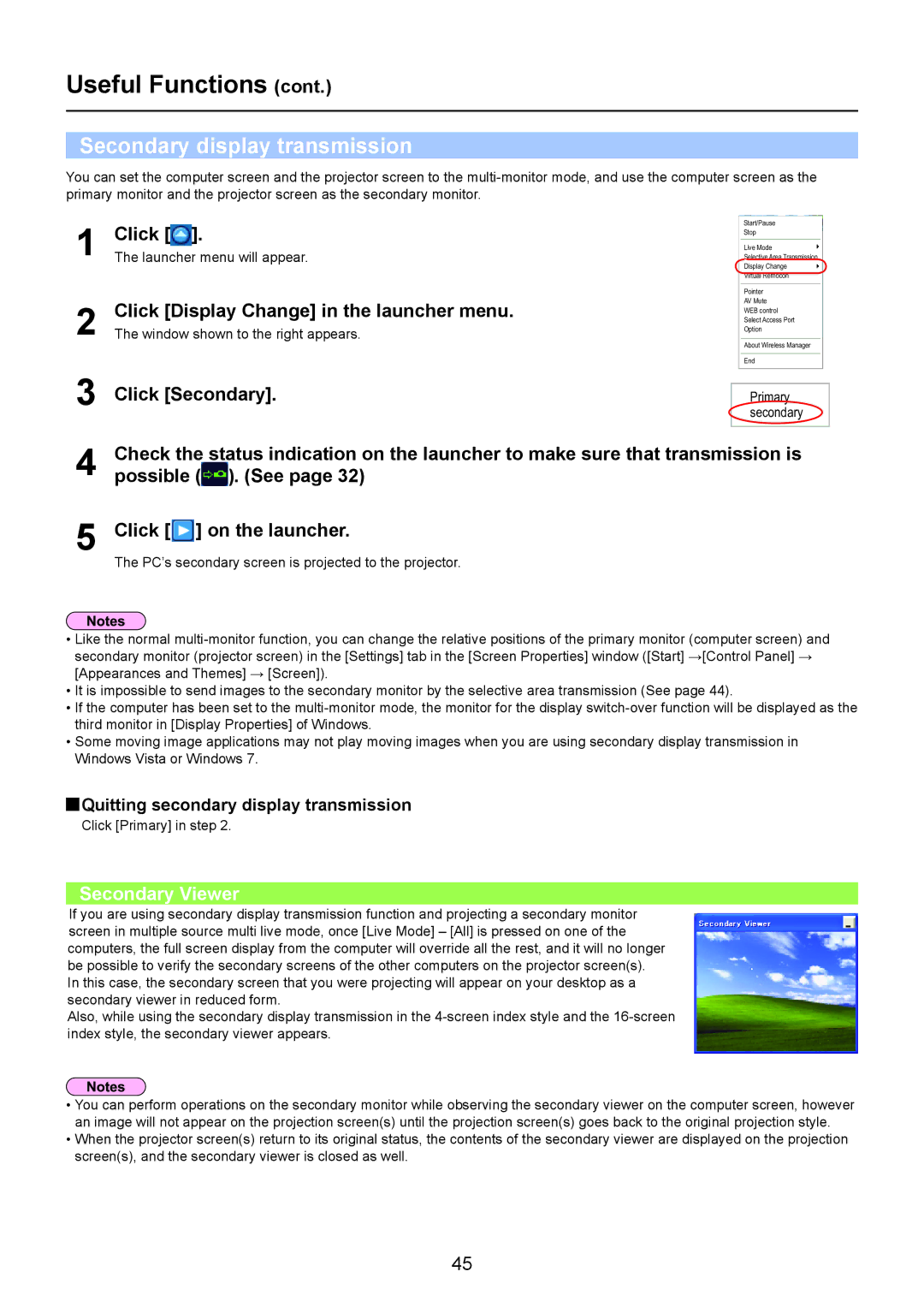 Panasonic TQBH0205-4 Useful Functions, Secondary display transmission, Click Display Change in the launcher menu 