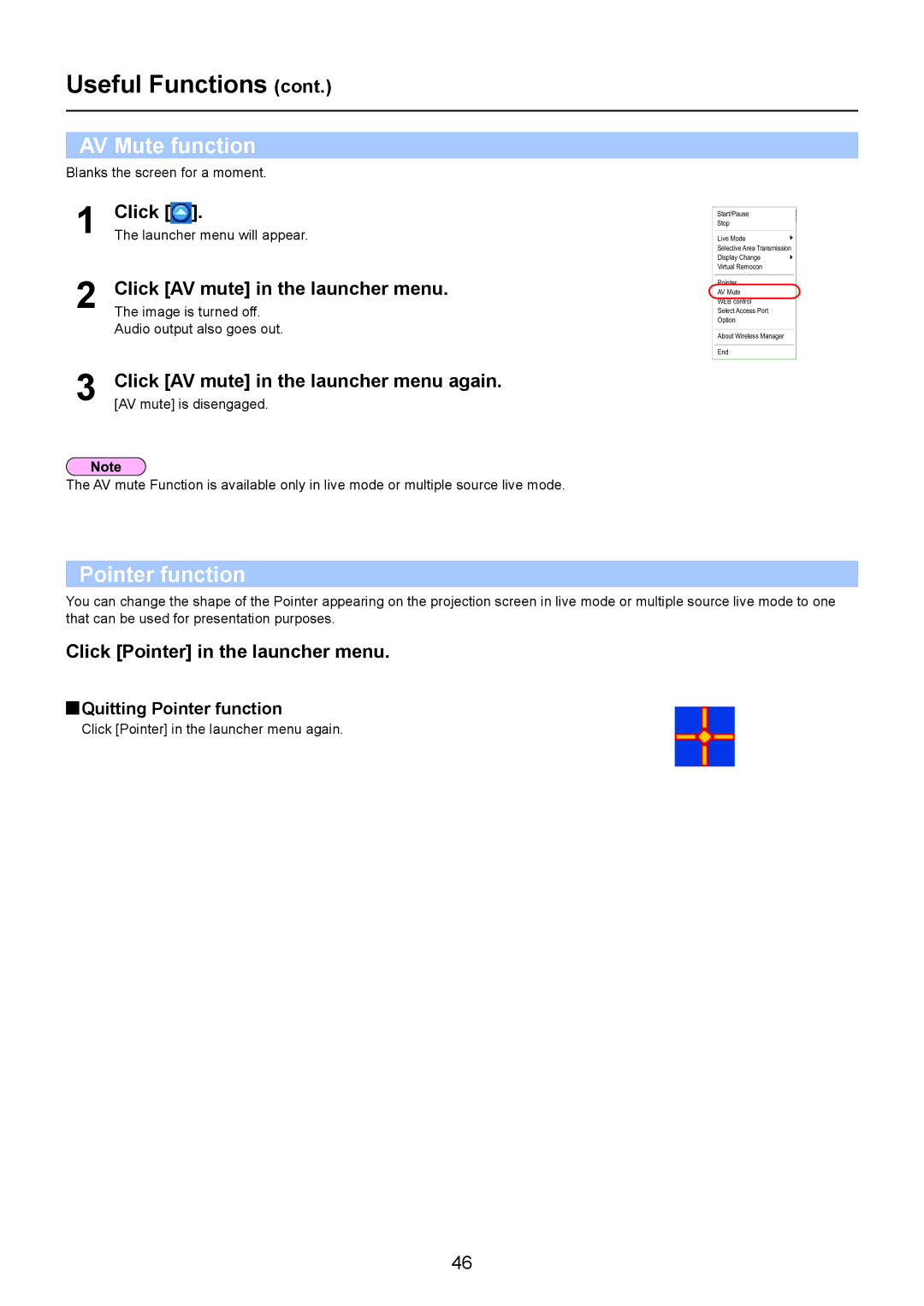 Panasonic TQBH0205-4 operation manual AV Mute function, Pointer function, Click AV mute in the launcher menu 