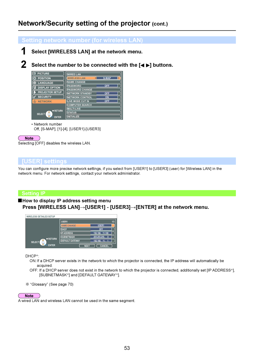 Panasonic TQBH0205-4 operation manual Setting network number for wireless LAN, User settings, Setting IP 