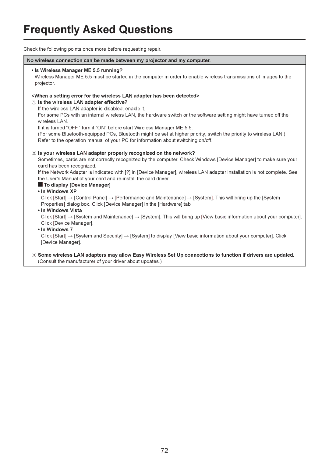 Panasonic TQBH0205-4 operation manual Frequently Asked Questions, To display Device Manager Windows XP, Windows Vista 