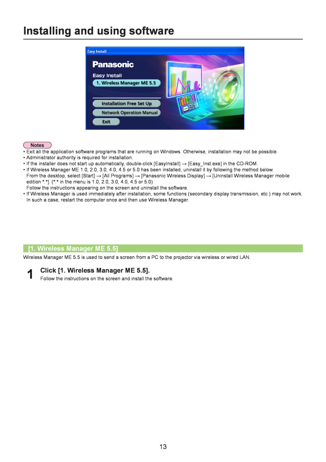 Panasonic TQBH0205-4 operation manual Installing and using software, Click 1. Wireless Manager ME 