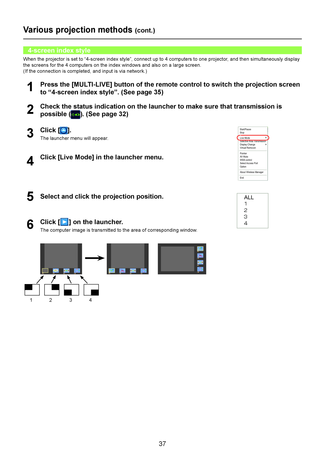 Panasonic TQBH0205-4 operation manual screen index style, Select and click the projection position, Click on the launcher 