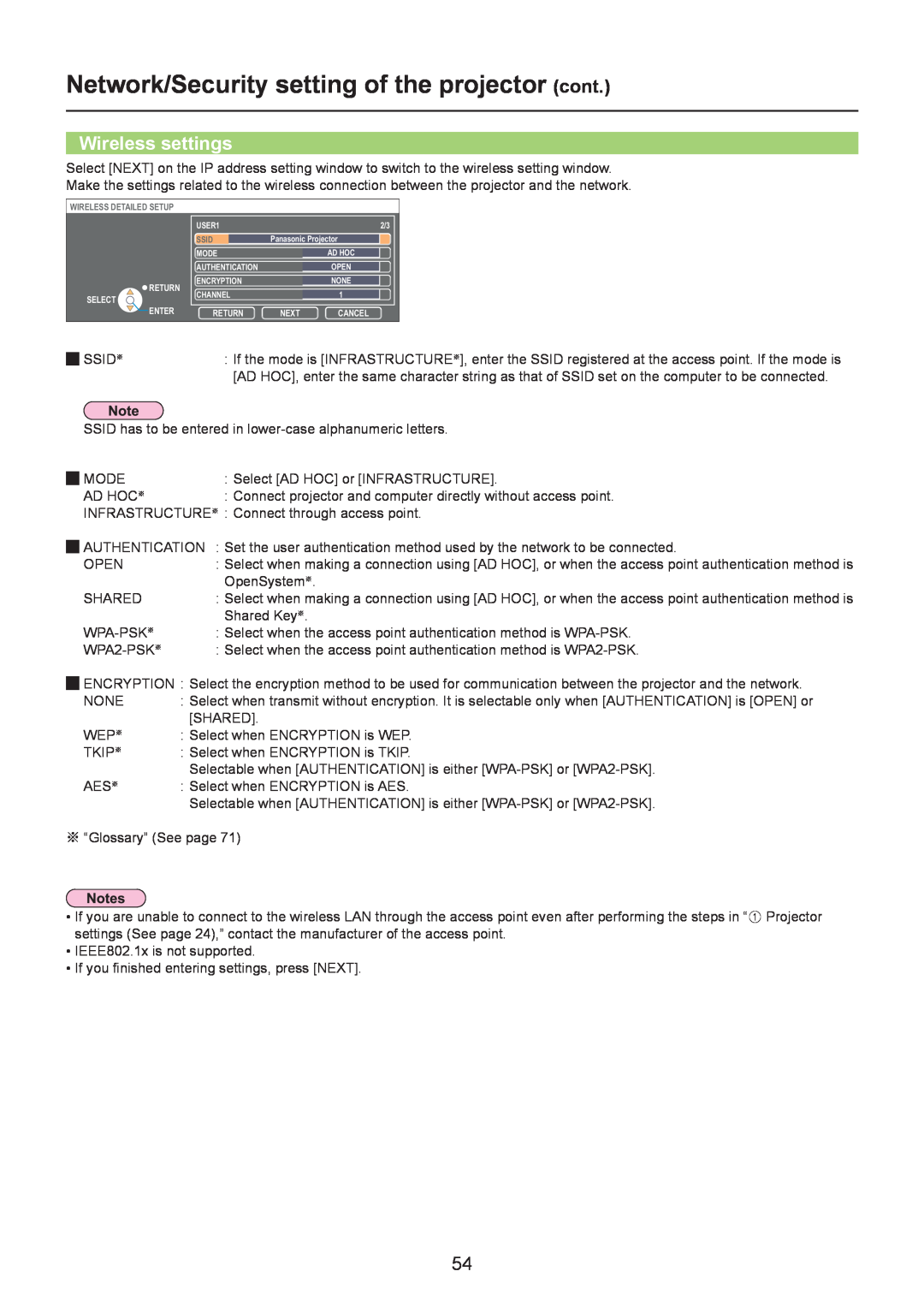 Panasonic TQBH0205-4 operation manual Wireless settings, Network/Security setting of the projector cont, Open 