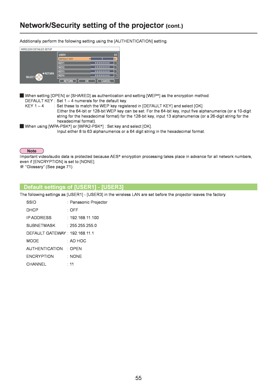 Panasonic TQBH0205-4 operation manual Default settings of USER1 - USER3, Network/Security setting of the projector cont 