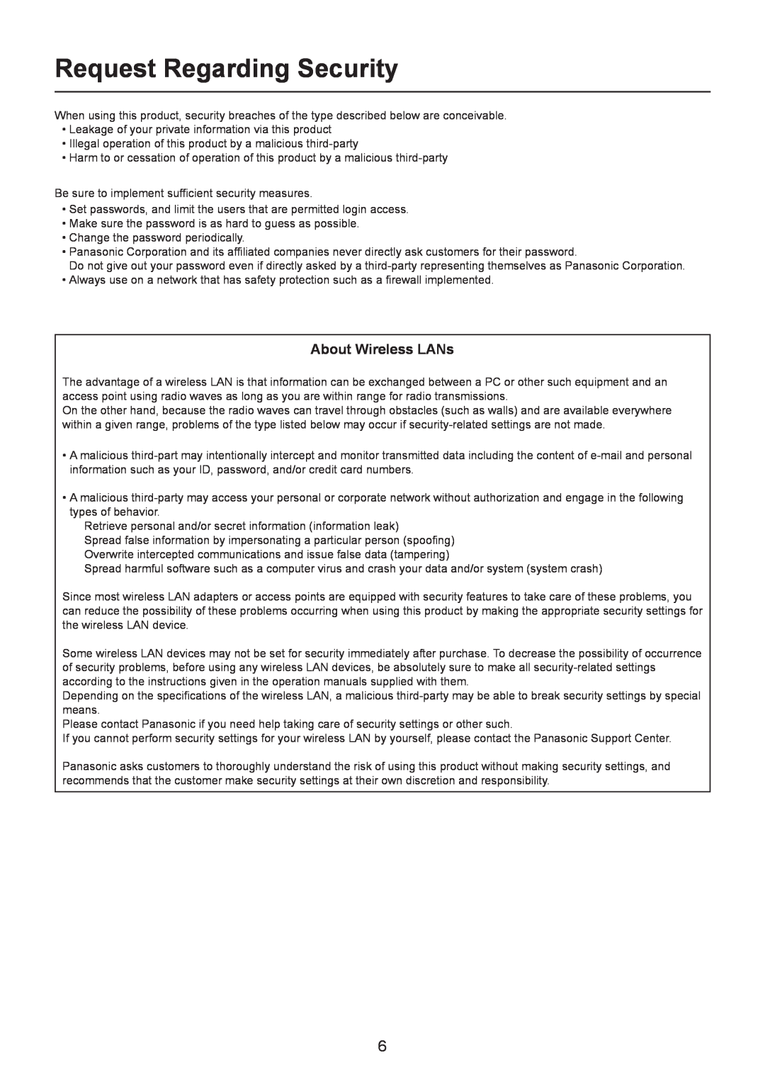 Panasonic TQBH0205-4 operation manual Request Regarding Security, About Wireless LANs 