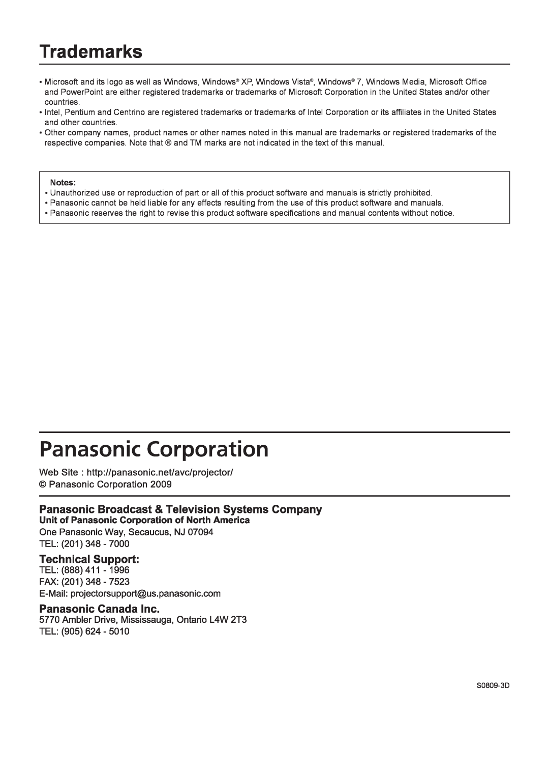 Panasonic TQBH0205-4 operation manual Trademarks, S0809-3D 