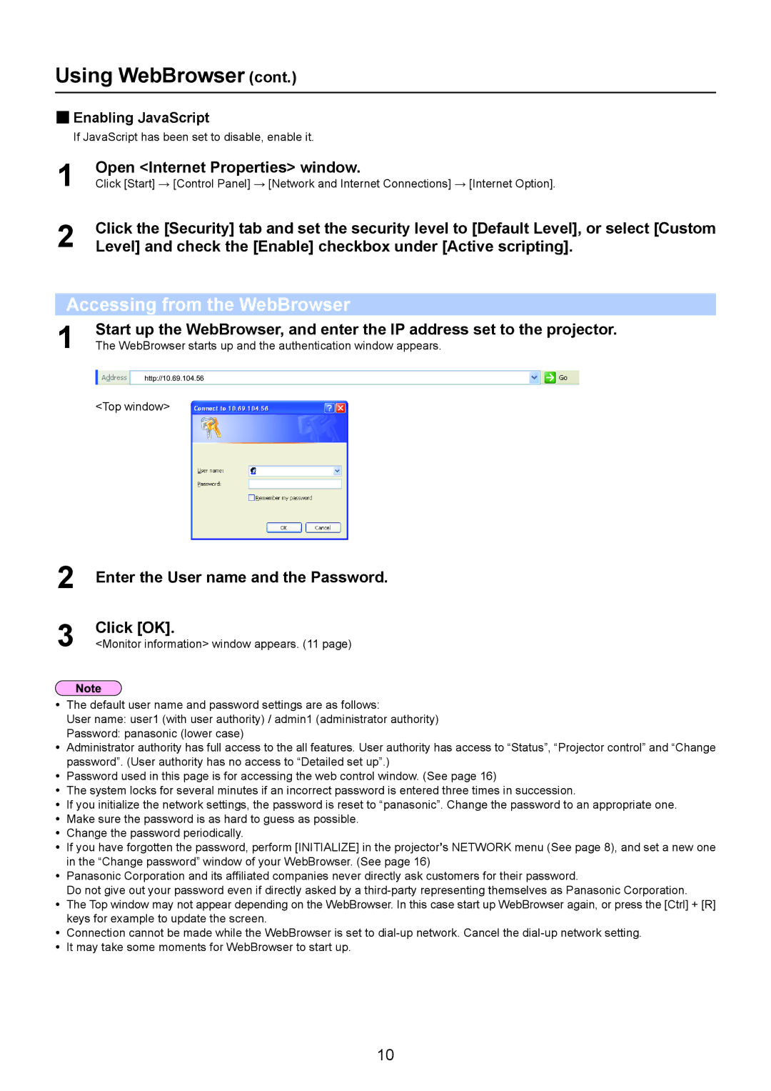 Panasonic PT-LB2E, TQBH0215-1 Open Internet Properties window, Level and check the Enable checkbox under Active scripting 