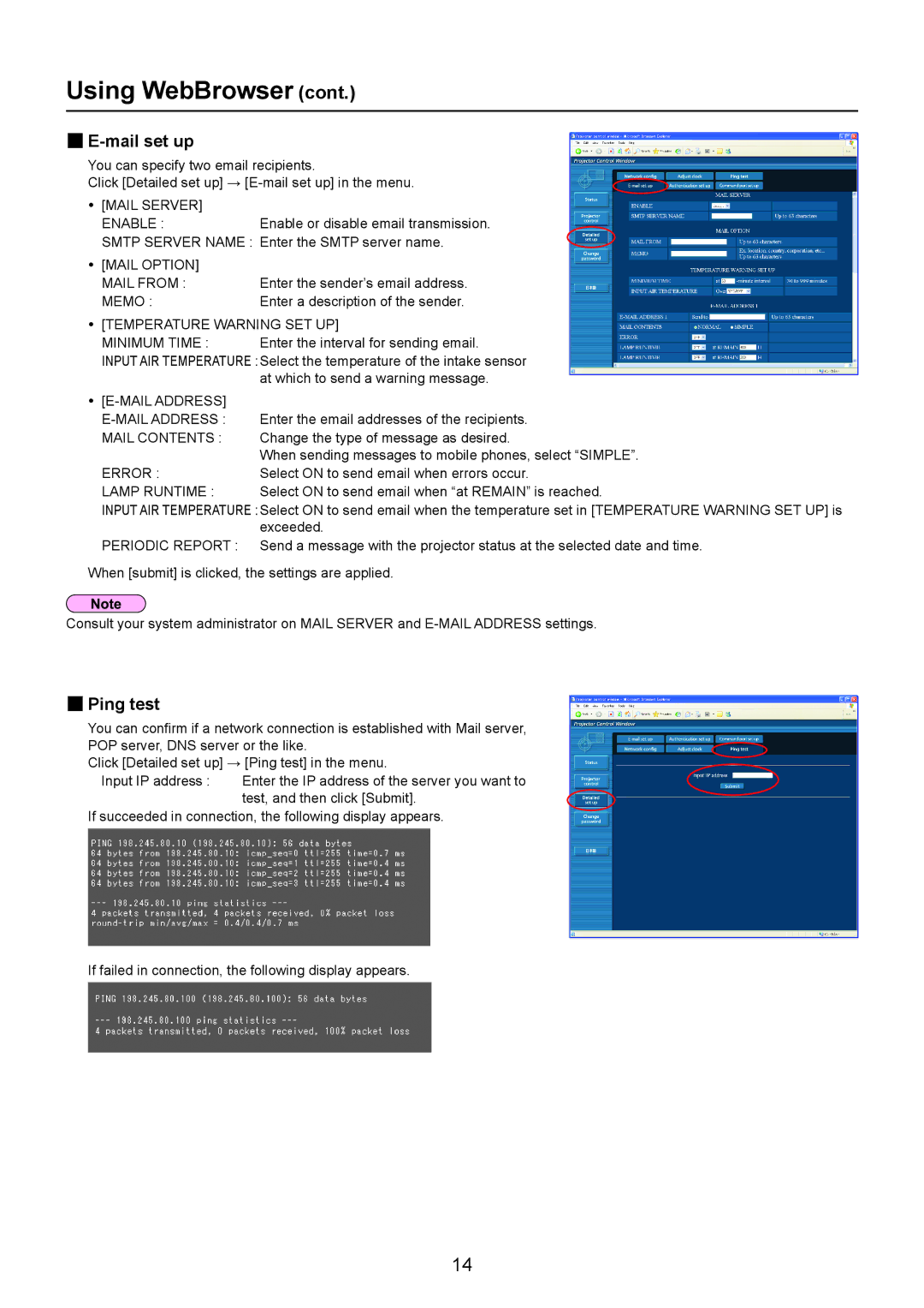 Panasonic TQBH0215-1, PT-LB2U, PT-LB2EA, PT-LB1EA, PT-LB1U manual „„E-mail set up, „„Ping test 