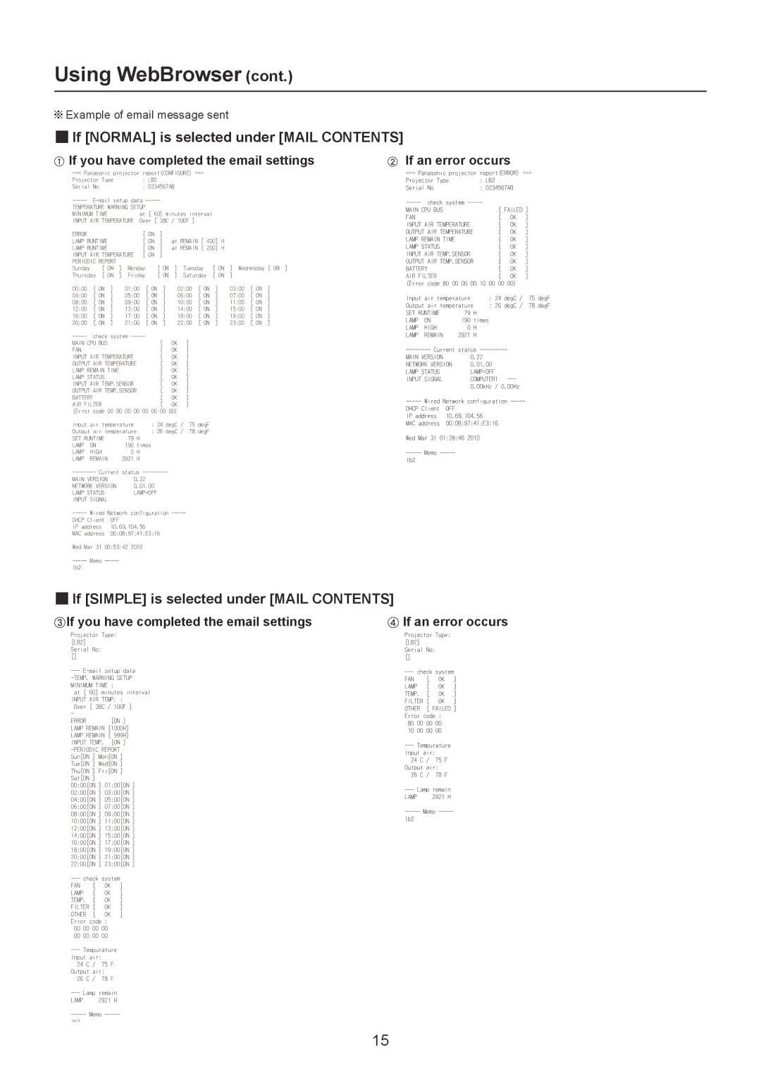 Panasonic PT-LB2U, TQBH0215-1 „„If Normal is selected under Mail Contents, „„If Simple is selected under Mail Contents 