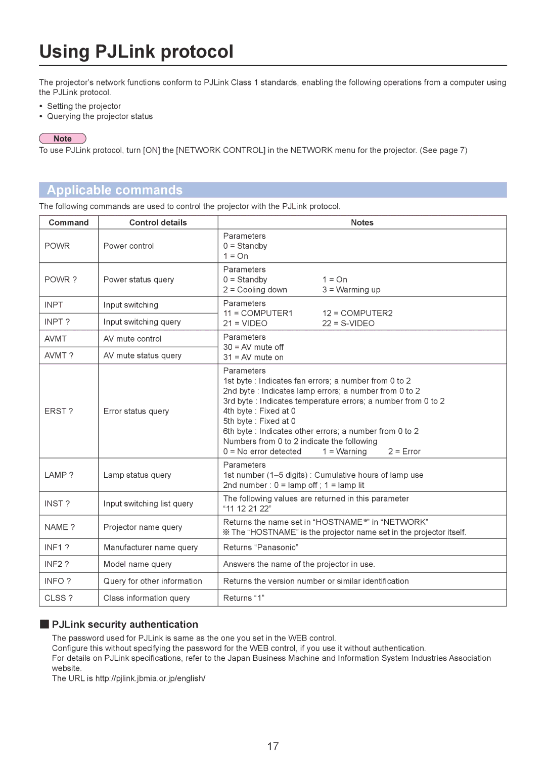 Panasonic PT-LB2E, TQBH0215-1, PT-LB2U Using PJLink protocol, „„PJLink security authentication, Command Control details 