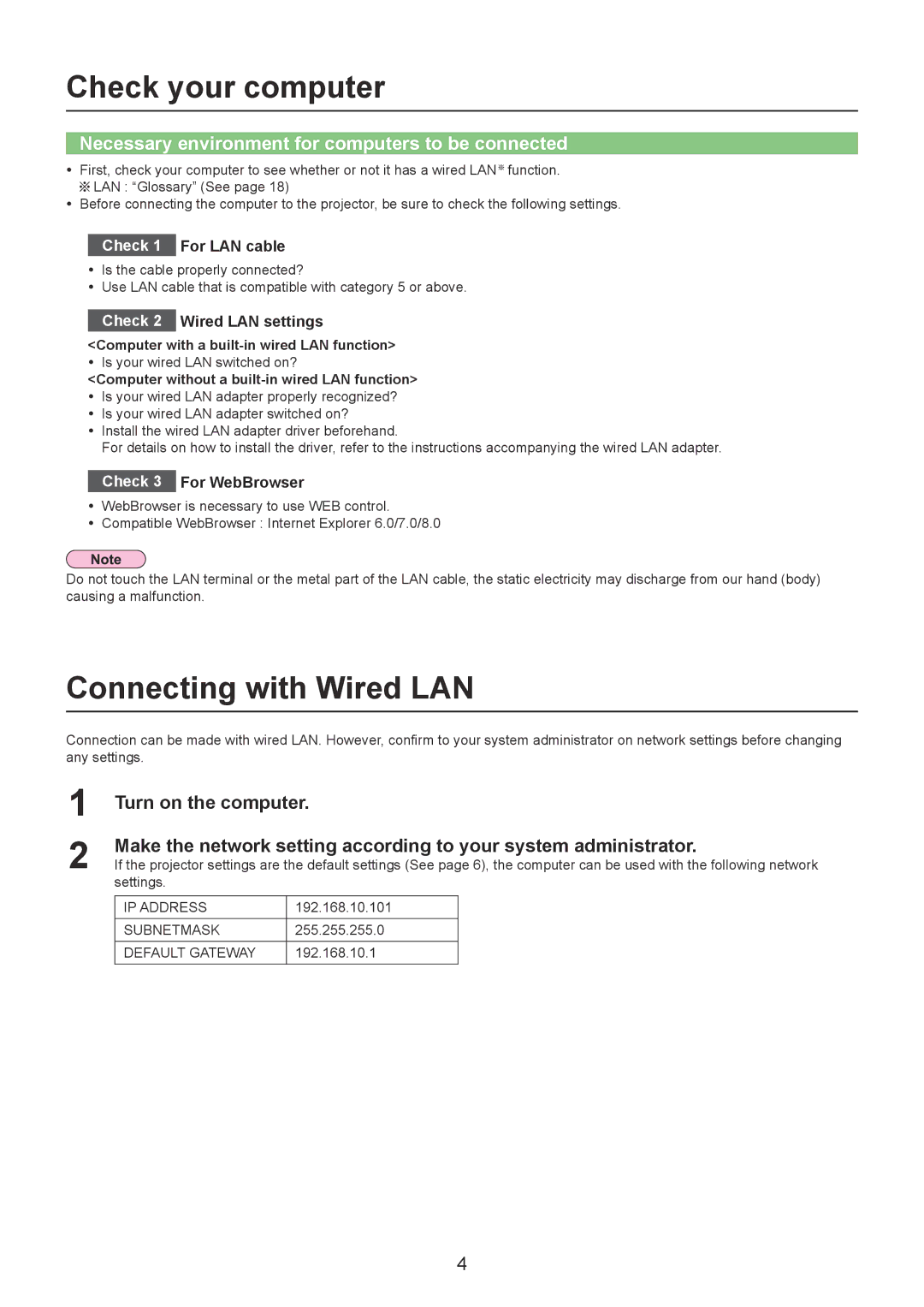 Panasonic PT-LB1EA Check your computer, Connecting with Wired LAN, Necessary environment for computers to be connected 