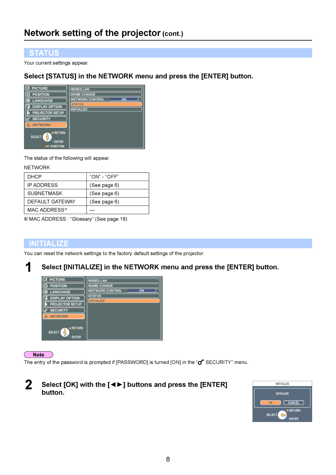 Panasonic PT-LB2U, TQBH0215-1, PT-LB2EA, PT-LB1EA, PT-LB1U manual Network Dhcp, MAC Address 