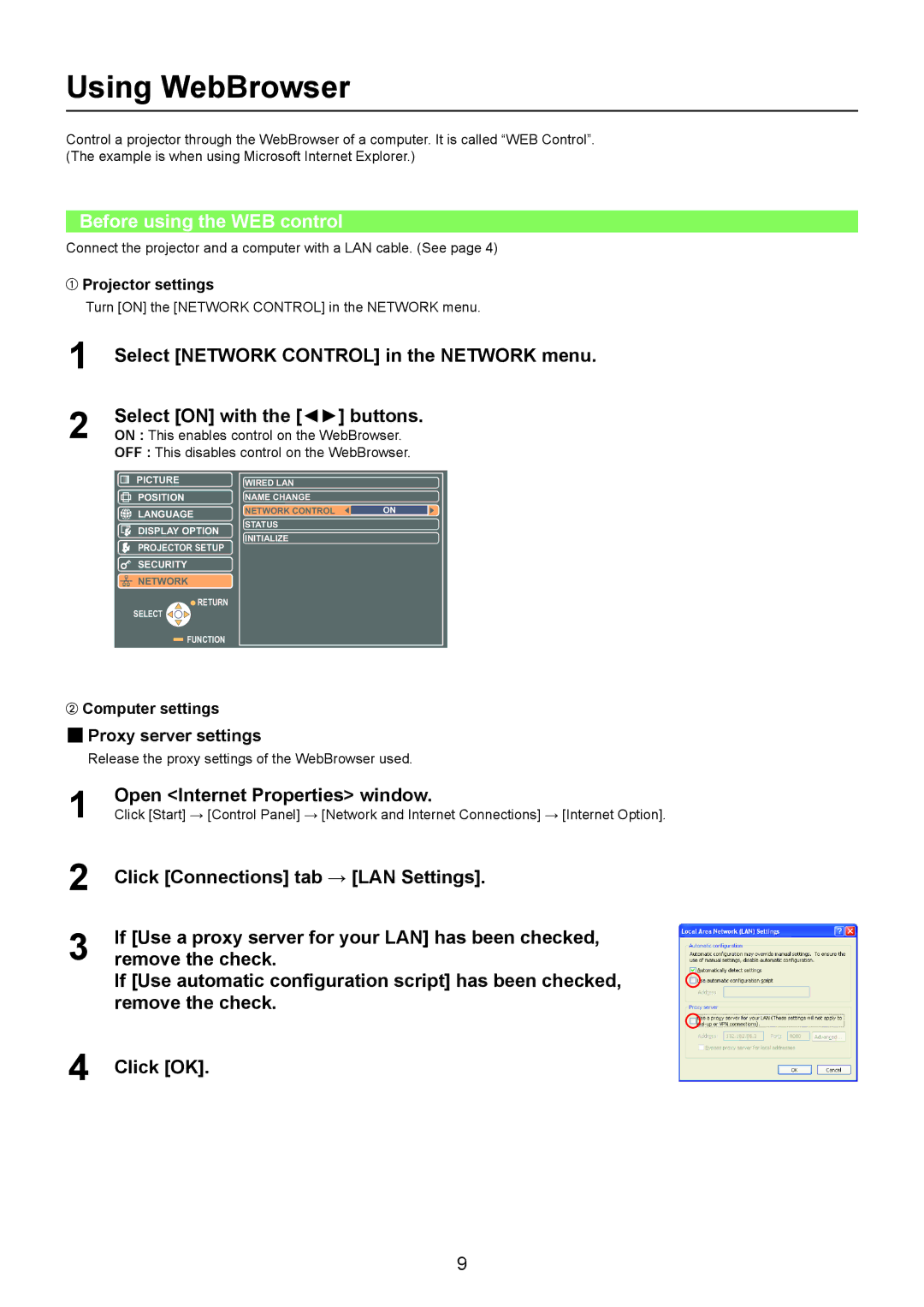 Panasonic PT-LB2EA, TQBH0215-1, PT-LB2U, PT-LB1EA Using WebBrowser, Before using the WEB control, „„Proxy server settings 