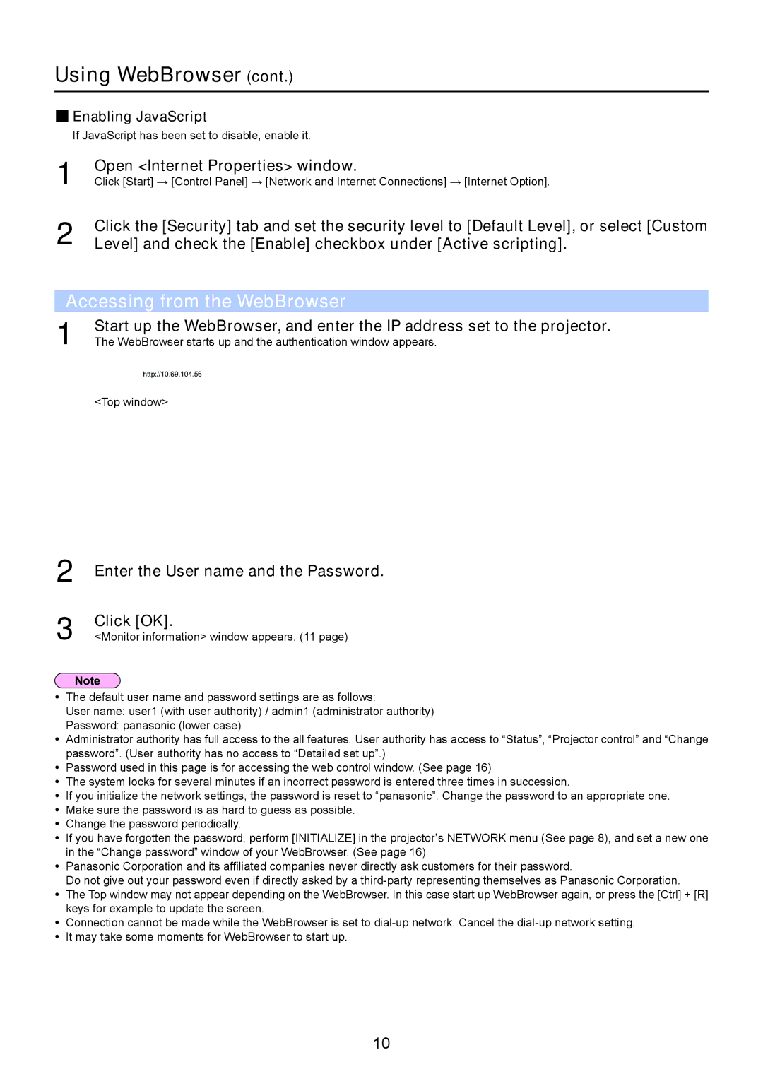 Panasonic PT-ST10EA, TQBH0228 Open Internet Properties window, Level and check the Enable checkbox under Active scripting 