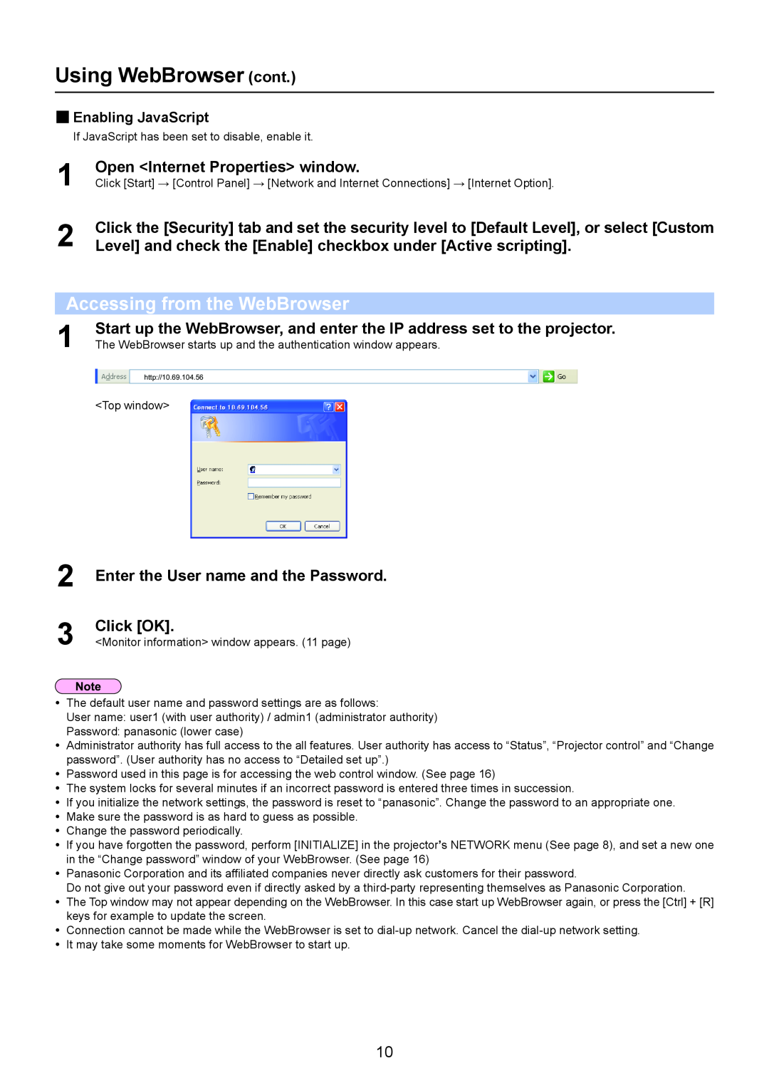 Panasonic PT-ST10EA, TQBH0228 manual Using WebBrowser cont, Accessing from the WebBrowser, Open Internet Properties window 