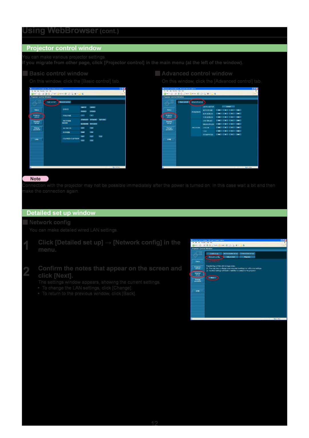 Panasonic TQBH0228, PT-ST10U Using WebBrowser cont, Projector control window, Detailed set up window, menu, click Next 