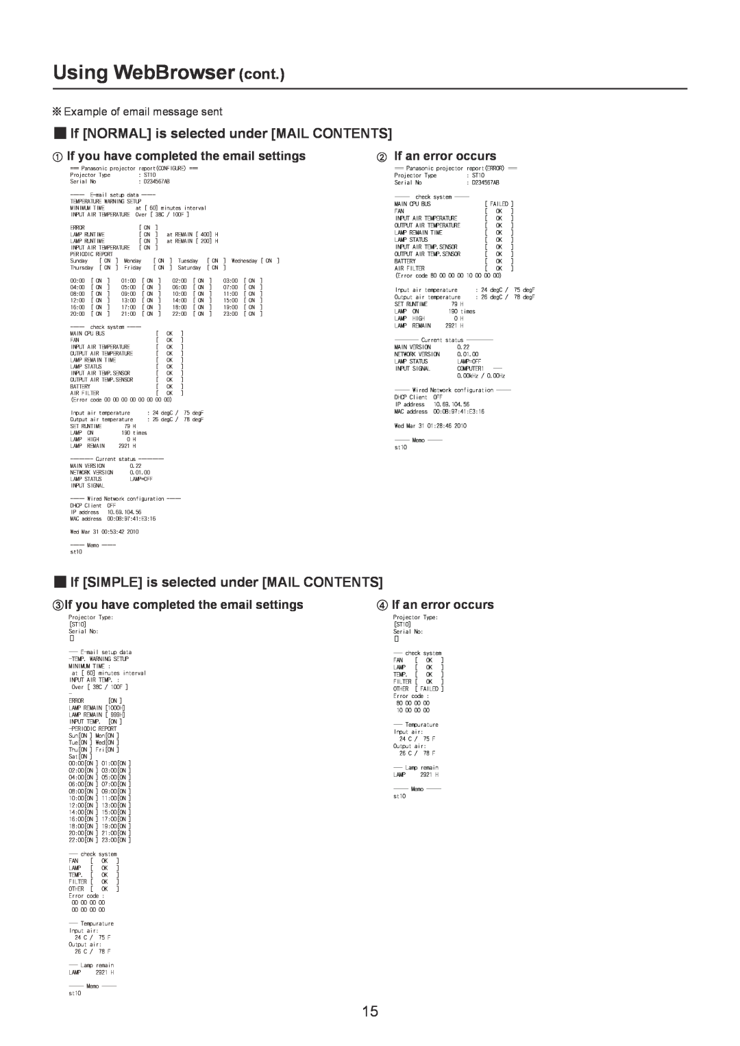 Panasonic PT-ST10E, TQBH0228 manual Using WebBrowser cont, „„If NORMAL is selected under MAIL CONTENTS, If an error occurs 
