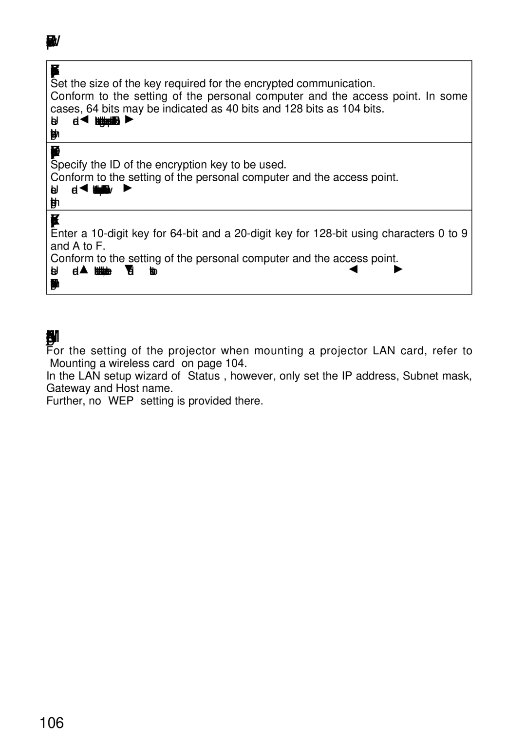 Panasonic TQBH9003-6, PT-L750U R WEP setup wizard, KEY Size encryption key size, KEY ID encryption key ID, KEY encryption 