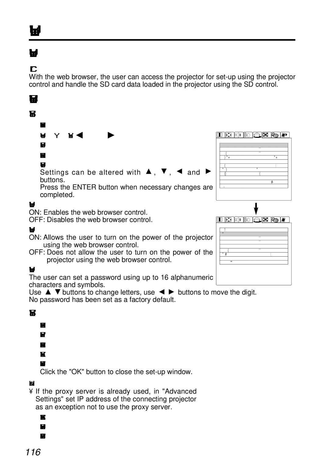 Panasonic TQBH9003-6 What you can do with Web browser control, Settings of Web browser control, Settings of projector 