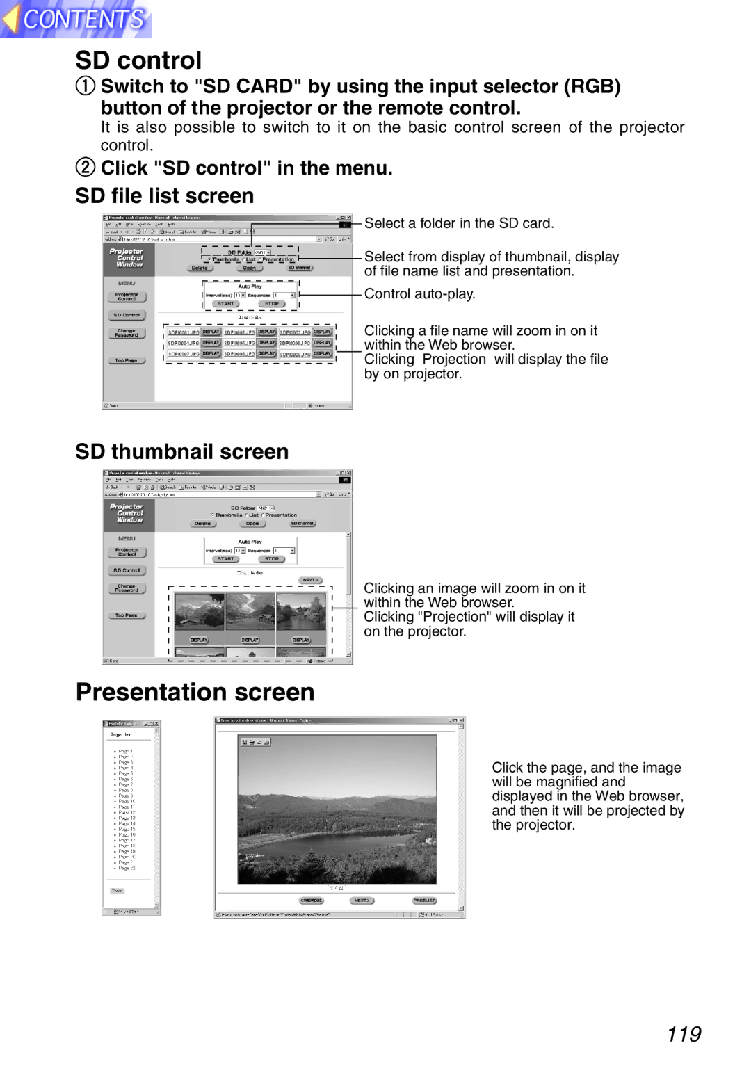 Panasonic PT-L750U R, TQBH9003-6 manual SD control, Presentation screen, SD file list screen, SD thumbnail screen 