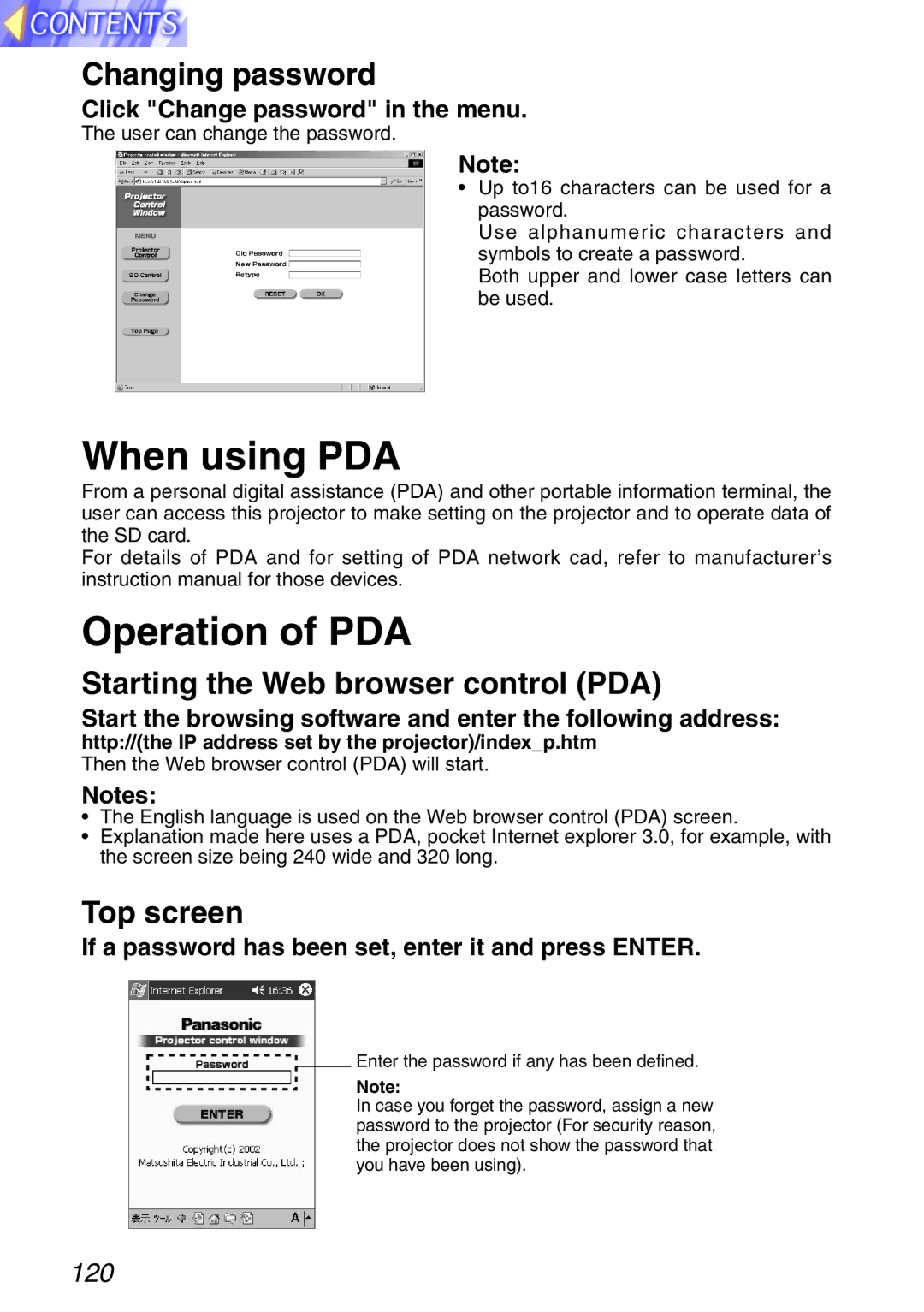 Panasonic TQBH9003-6, PT-L750U R When using PDA, Operation of PDA, Changing password, Starting the Web browser control PDA 