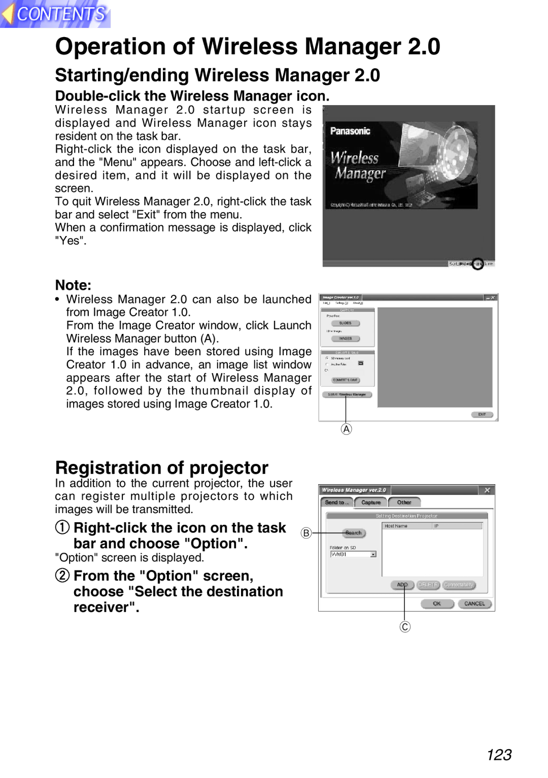 Panasonic PT-L750U R manual Operation of Wireless Manager, Starting/ending Wireless Manager, Registration of projector 