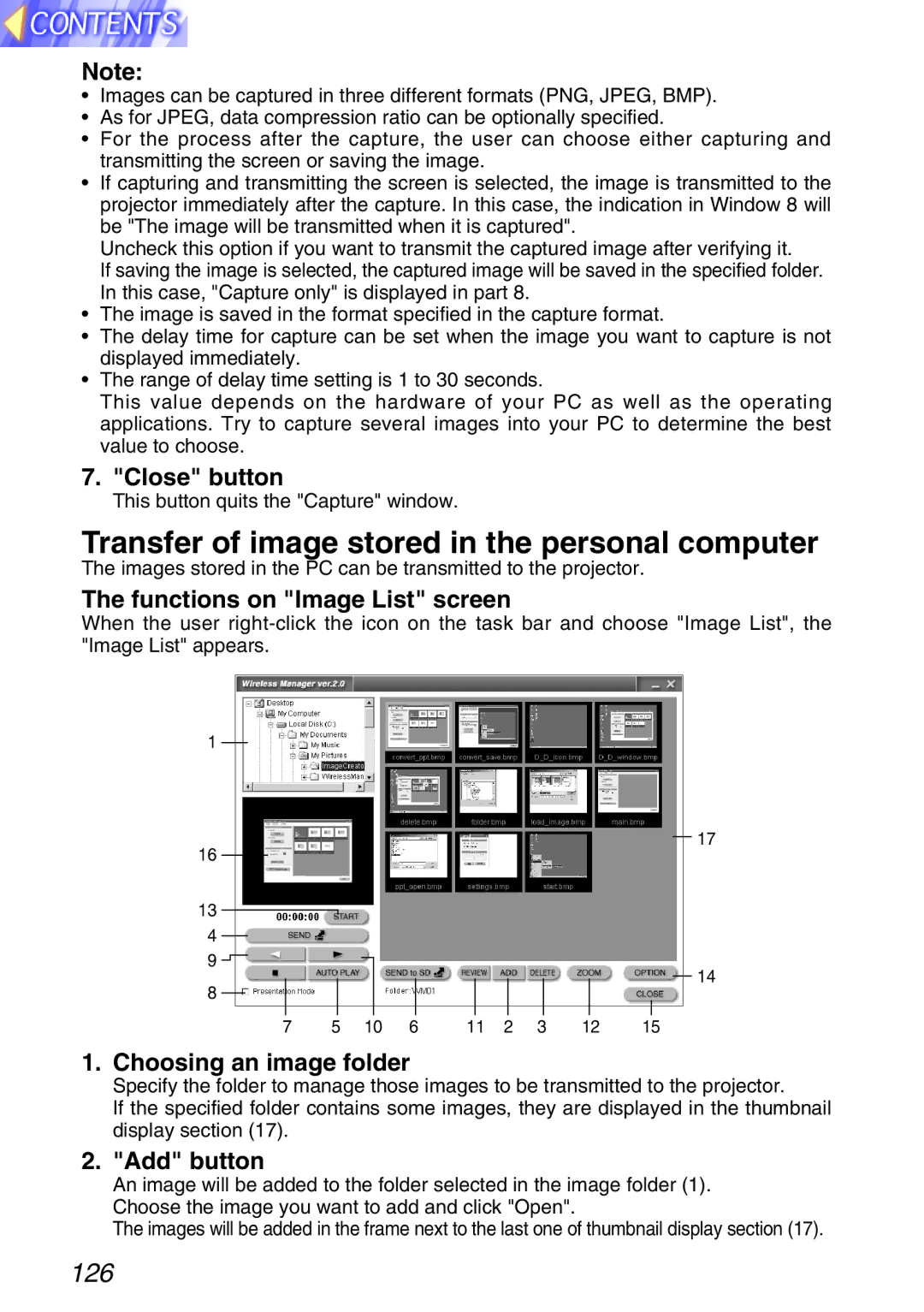 Panasonic TQBH9003-6 manual Transfer of image stored in the personal computer, Close button, Functions on Image List screen 