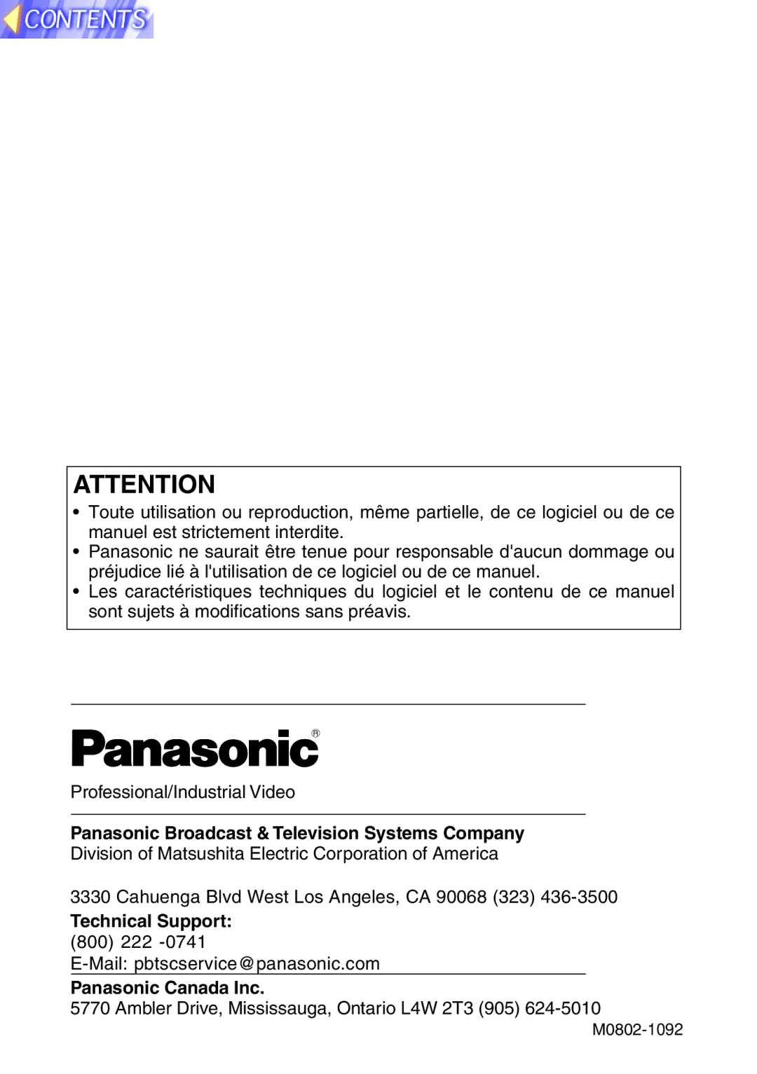 Panasonic TQBH9003-6, PT-L750U R manual Technical Support, Panasonic Canada Inc 