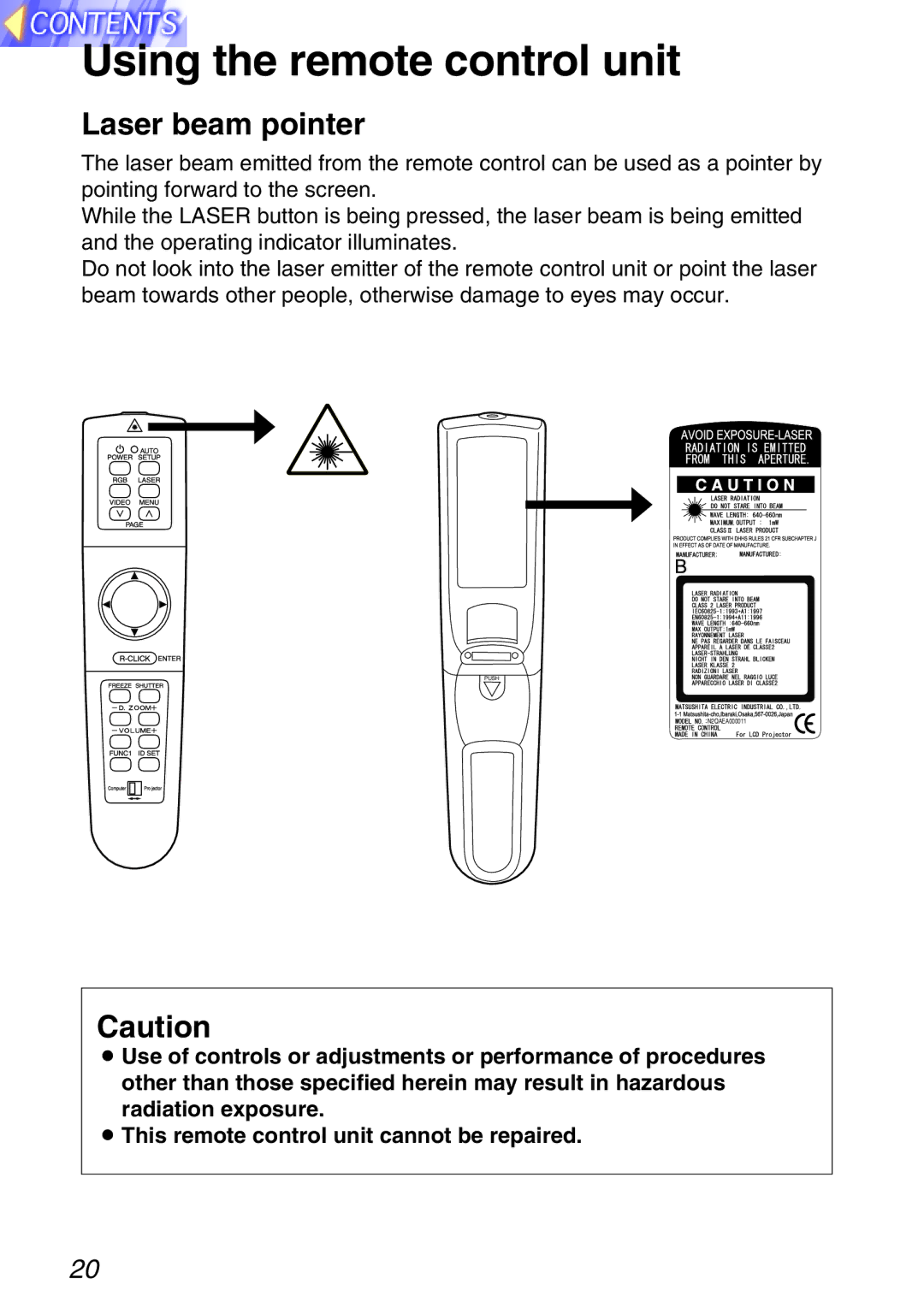 Panasonic TQBH9003-6, PT-L750U R manual Using the remote control unit, Laser beam pointer 