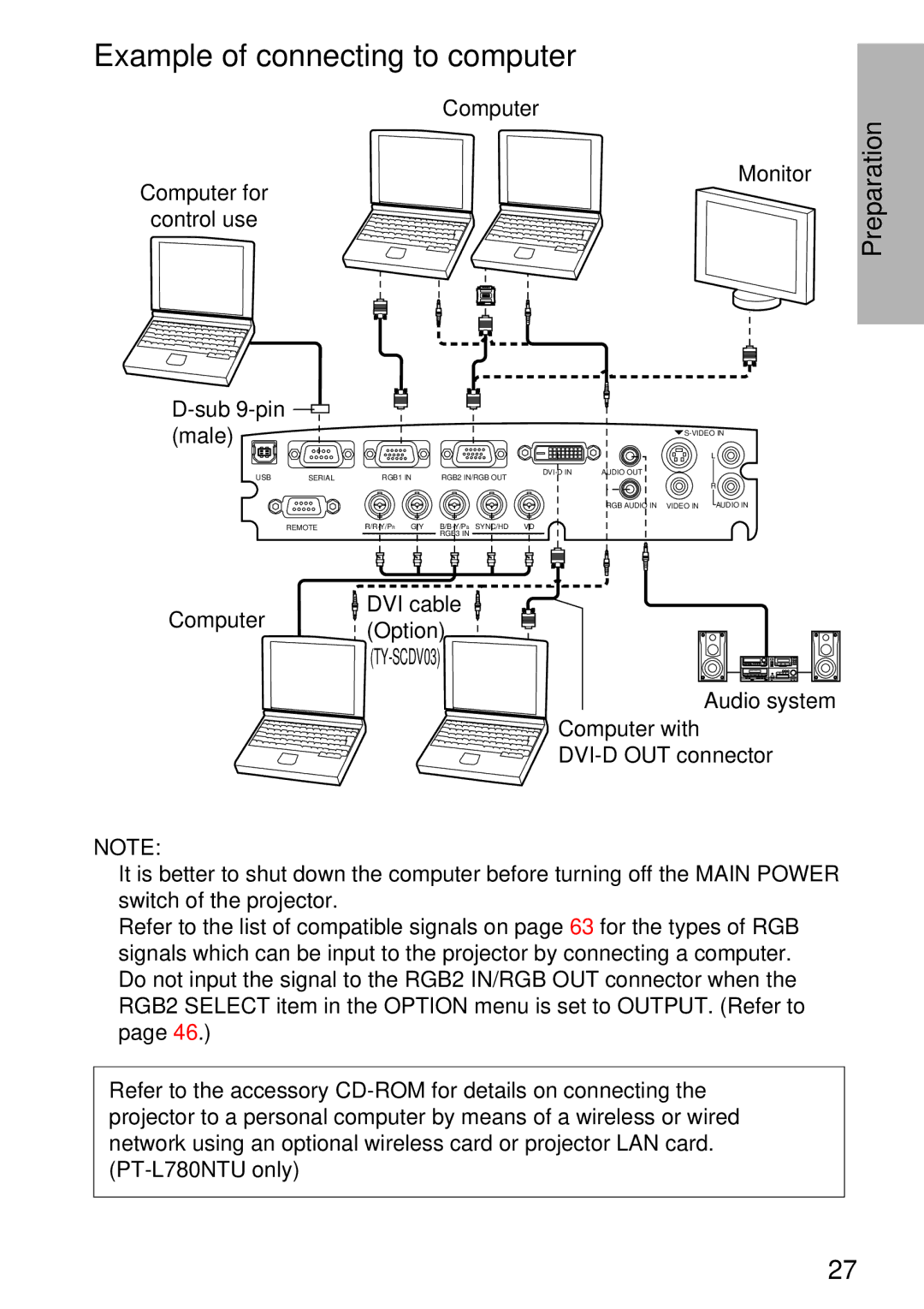 Panasonic PT-L750U R manual Example of connecting to computer, Computer Monitor Computer for Control use Sub 9-pin Male 