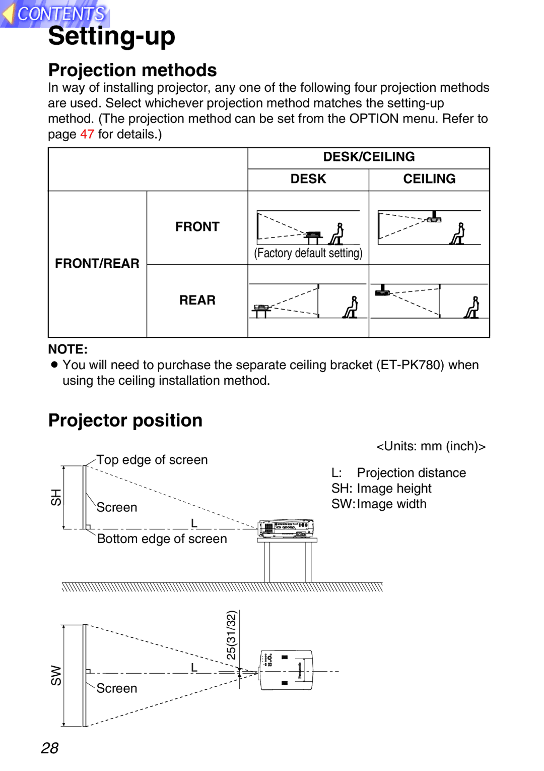 Panasonic TQBH9003-6, PT-L750U R manual Setting-up, Projection methods, Projector position 