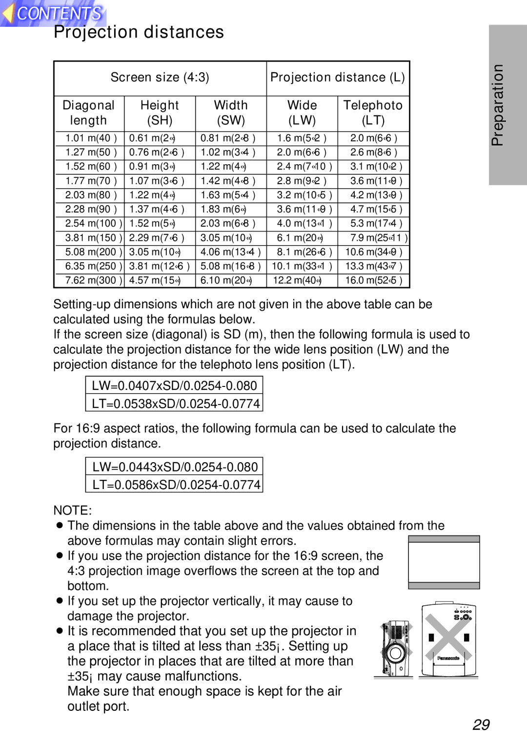 Panasonic PT-L750U R Projection distances, Screen size Projection distance L, Diagonal Height Width Wide Telephoto Length 