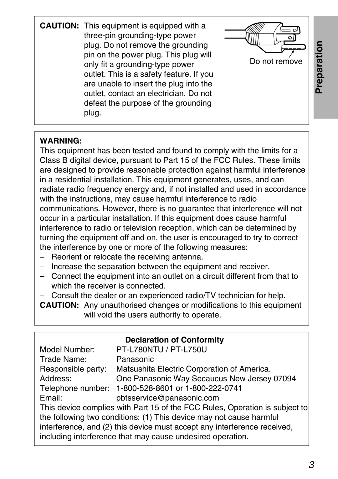 Panasonic PT-L750U R, TQBH9003-6 manual Preparation, Declaration of Conformity 