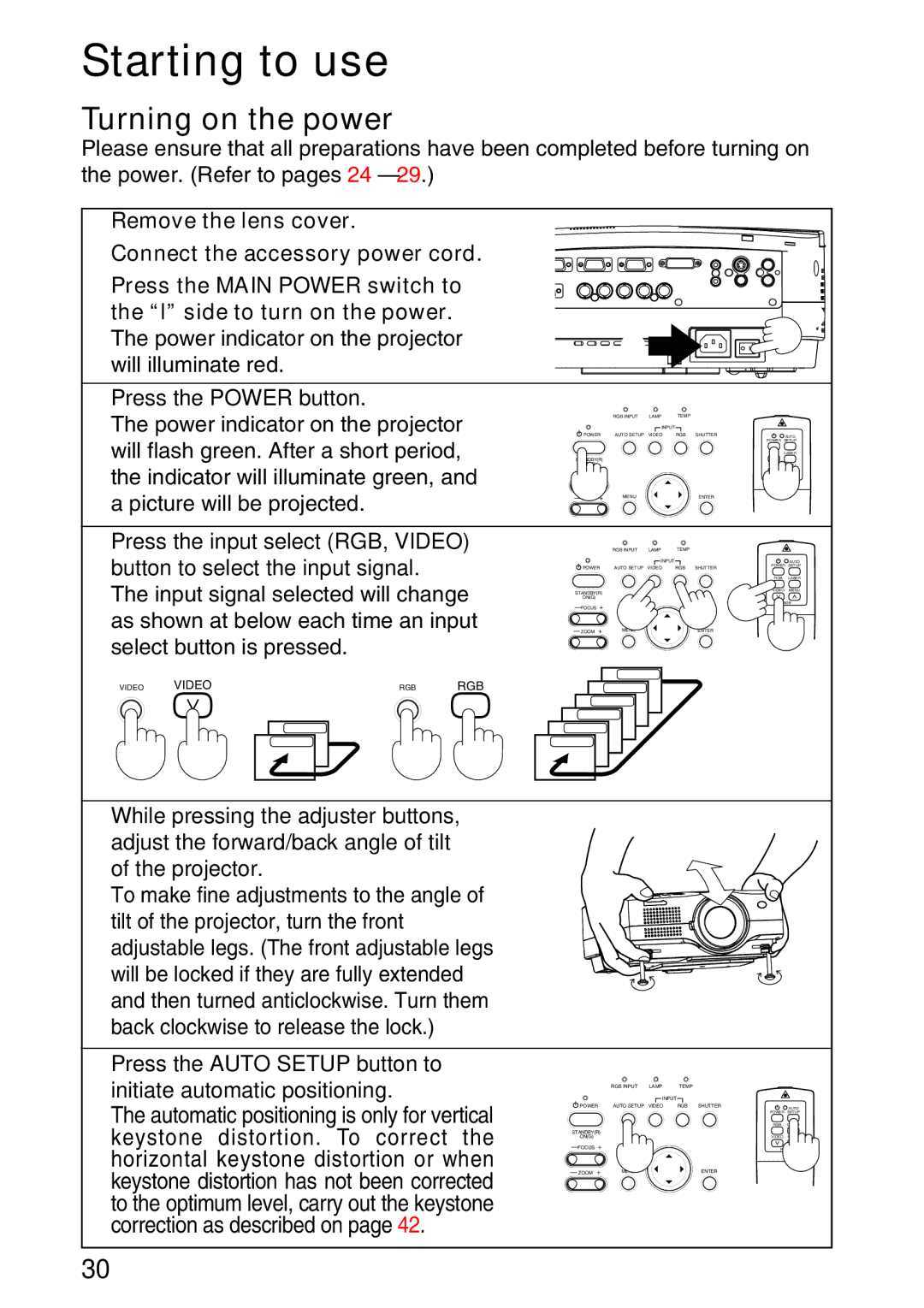 Panasonic TQBH9003-6 Starting to use, Turning on the power, Press the Power button, Press the input select RGB, Video 