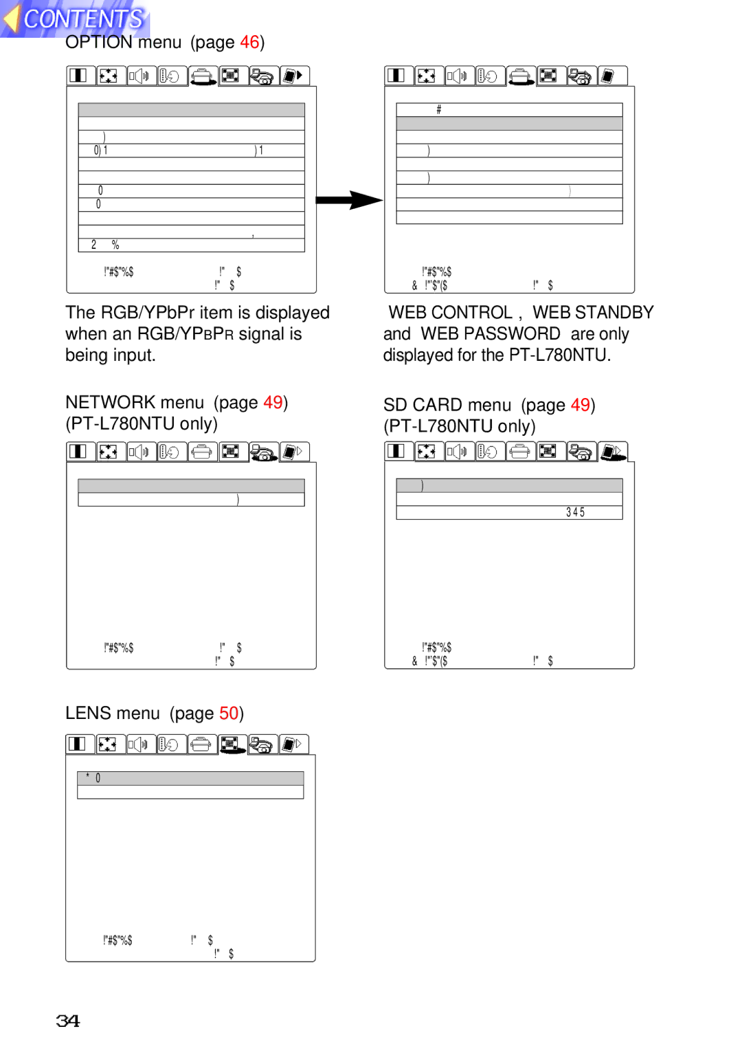 Panasonic TQBH9003-6 Option menu, Network menu page 49 PT-L780NTU only, Lens menu, SD Card menu page 49 PT-L780NTU only 