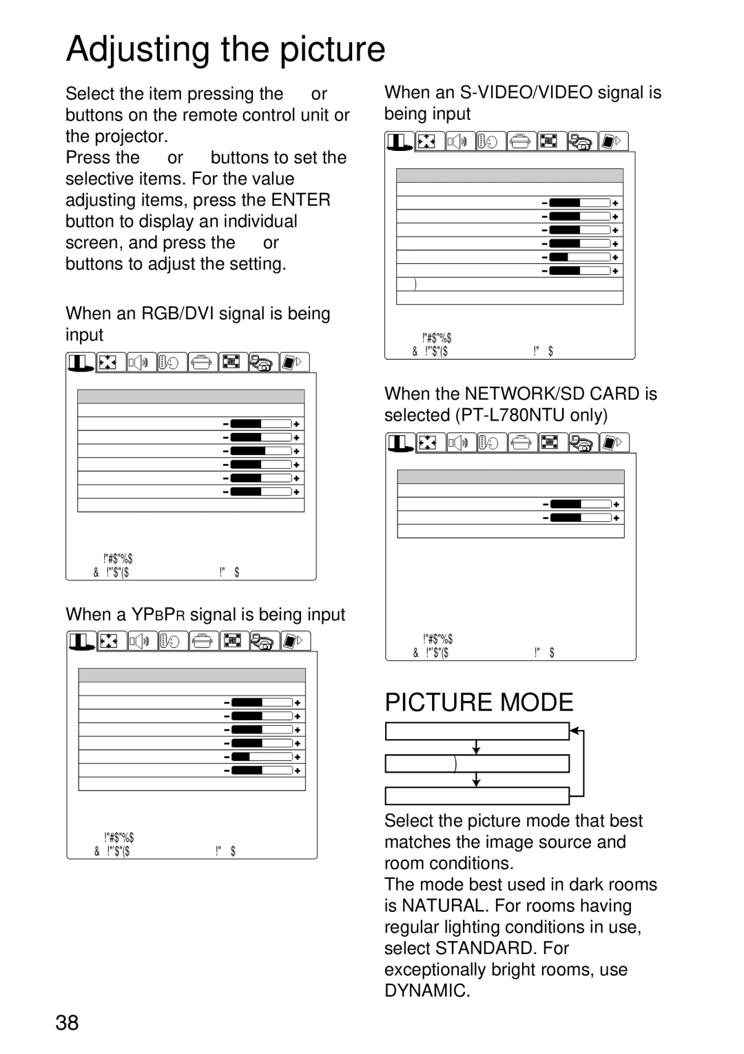 Panasonic TQBH9003-6, PT-L750U R manual Adjusting the picture, Picture Mode 