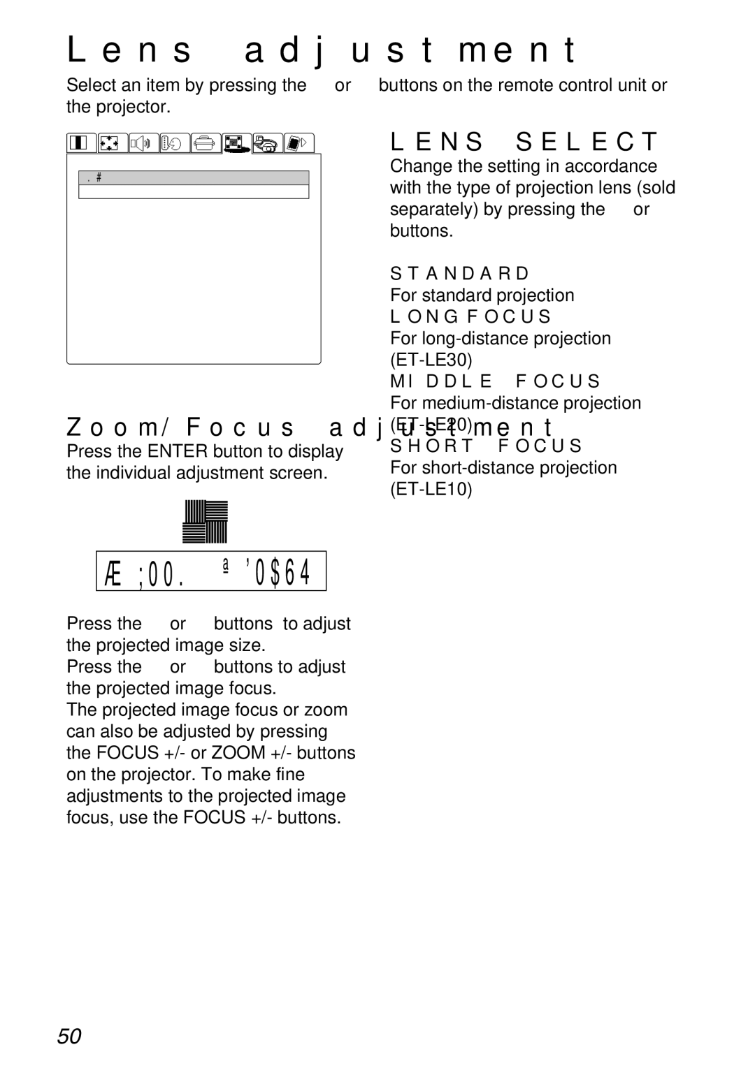 Panasonic TQBH9003-6, PT-L750U R manual Lens adjustment, Zoom/Focus adjustment, Lens Select 