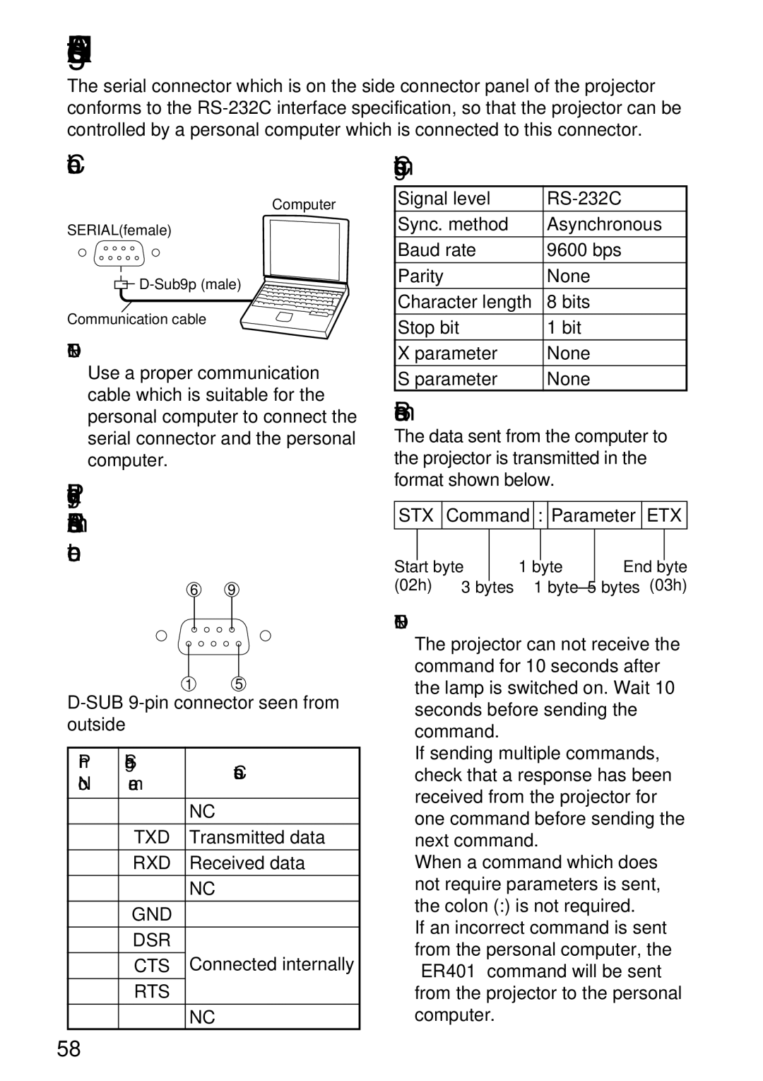 Panasonic TQBH9003-6, PT-L750U R manual Using the Serial connector, Connection, Basic format, Pin Signal Contents 