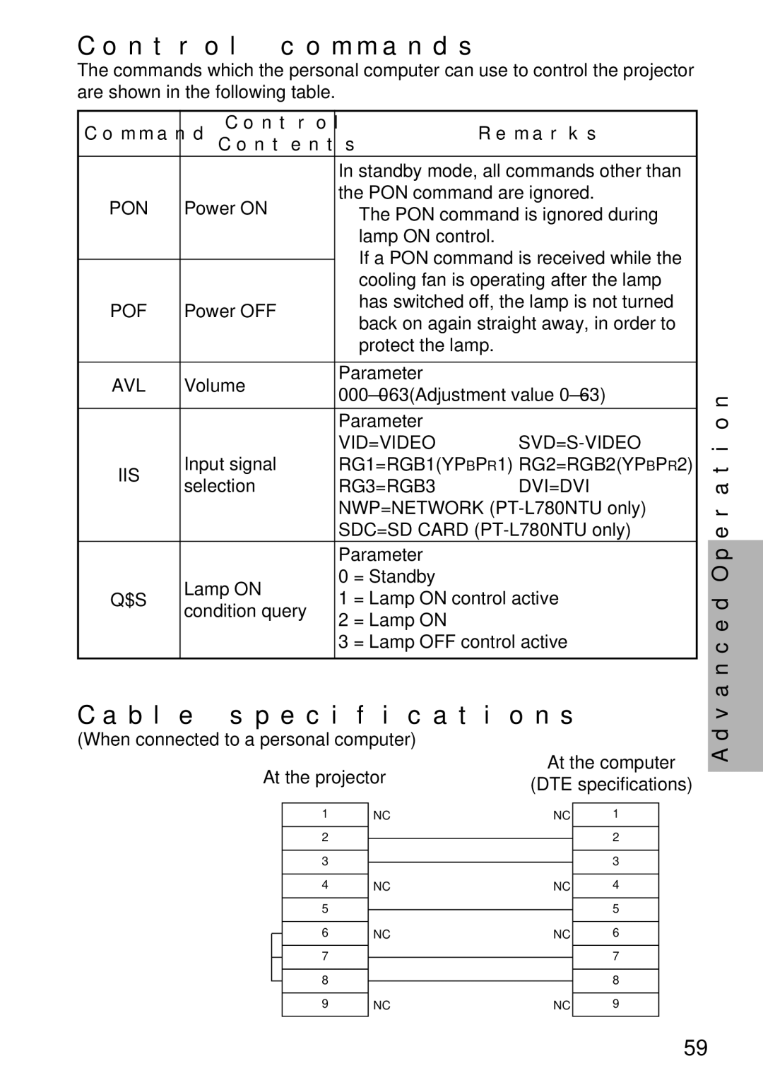 Panasonic PT-L750U R, TQBH9003-6 manual Control commands, Cable specifications, Command Control Remarks Contents 