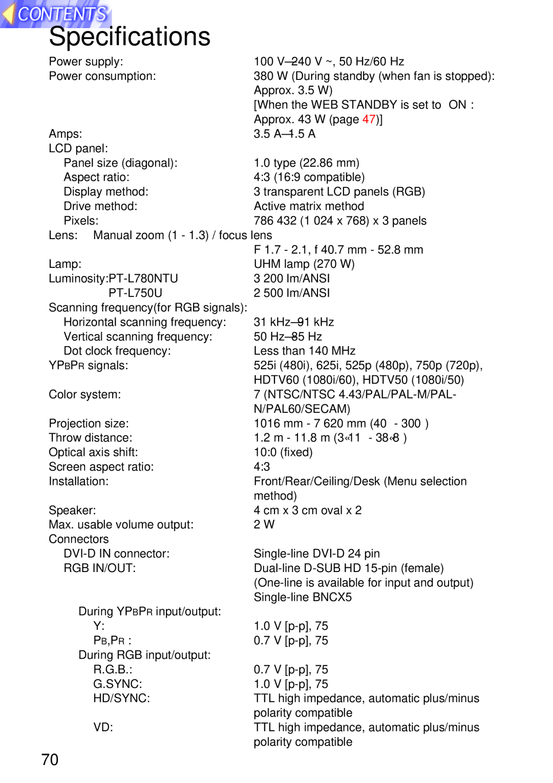 Panasonic TQBH9003-6, PT-L750U R manual Specifications, PAL60/SECAM 