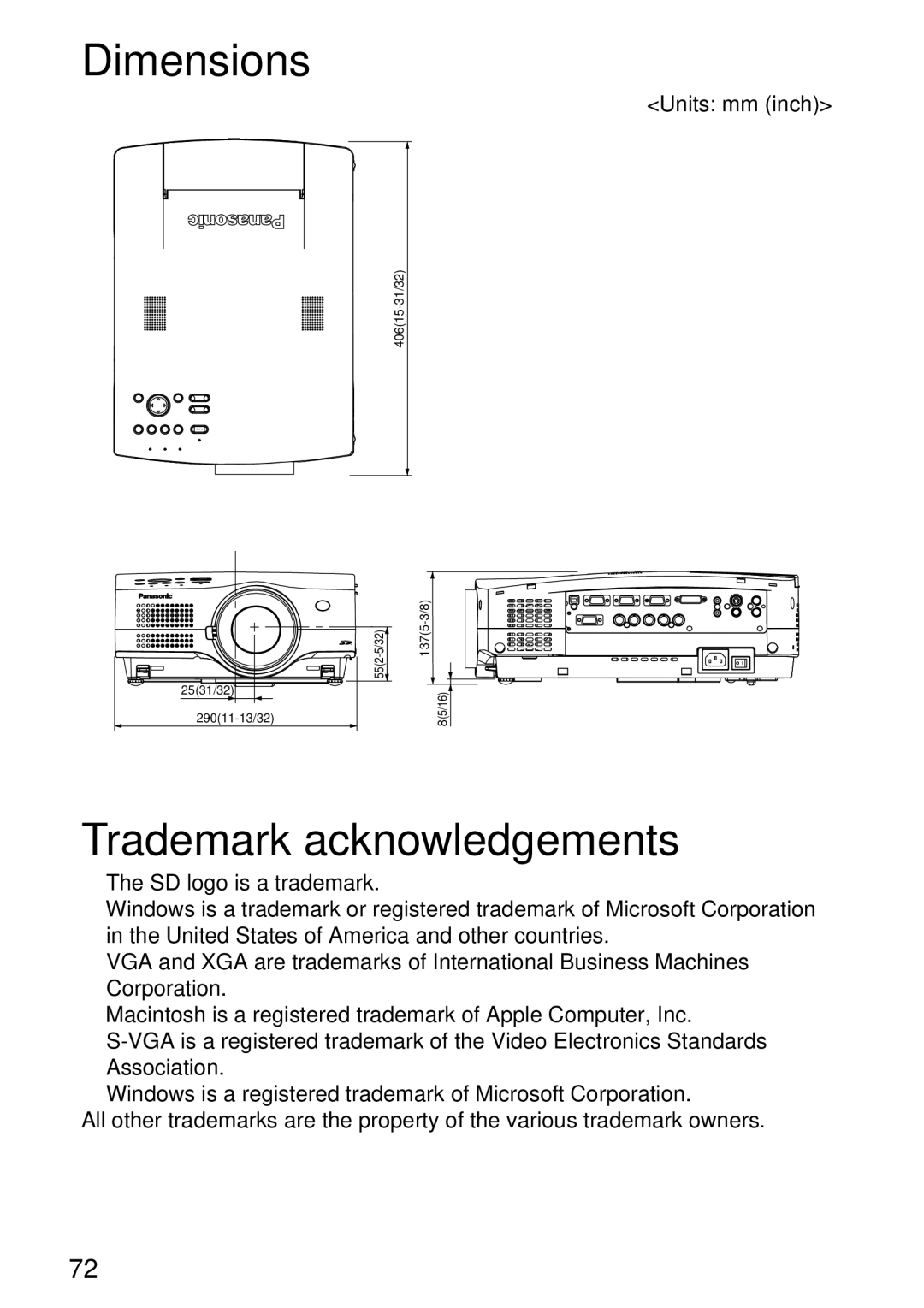 Panasonic TQBH9003-6, PT-L750U R manual Dimensions, Trademark acknowledgements 