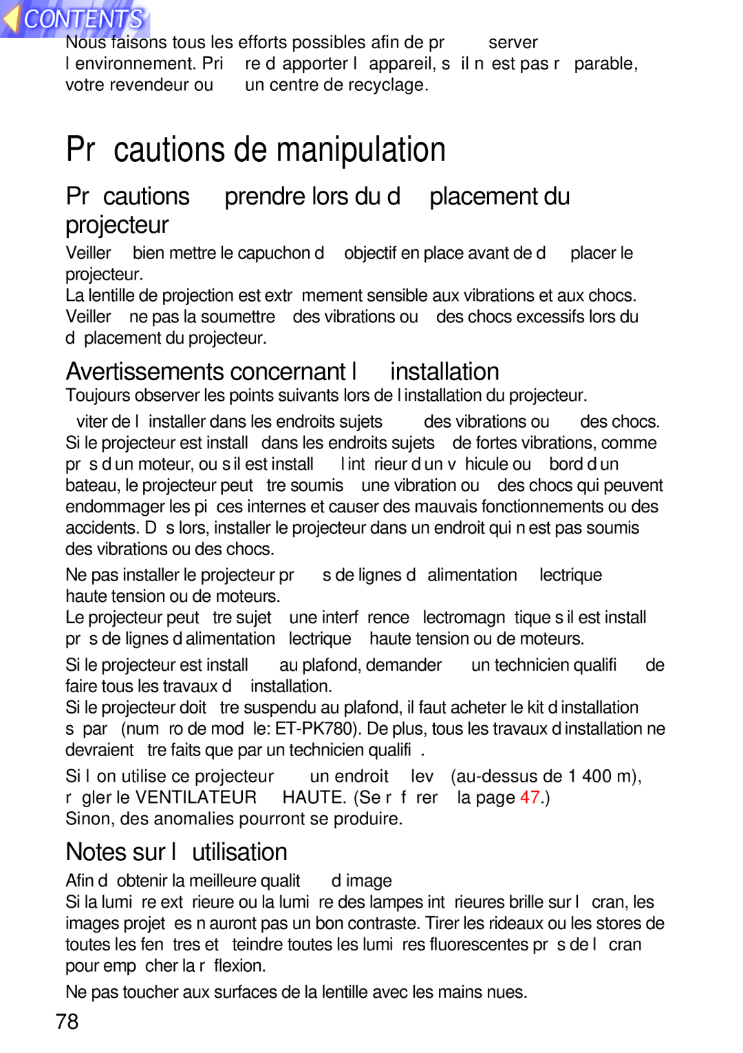 Panasonic TQBH9003-6, PT-L750U R manual Précautions de manipulation, Précautions à prendre lors du déplacement du projecteur 